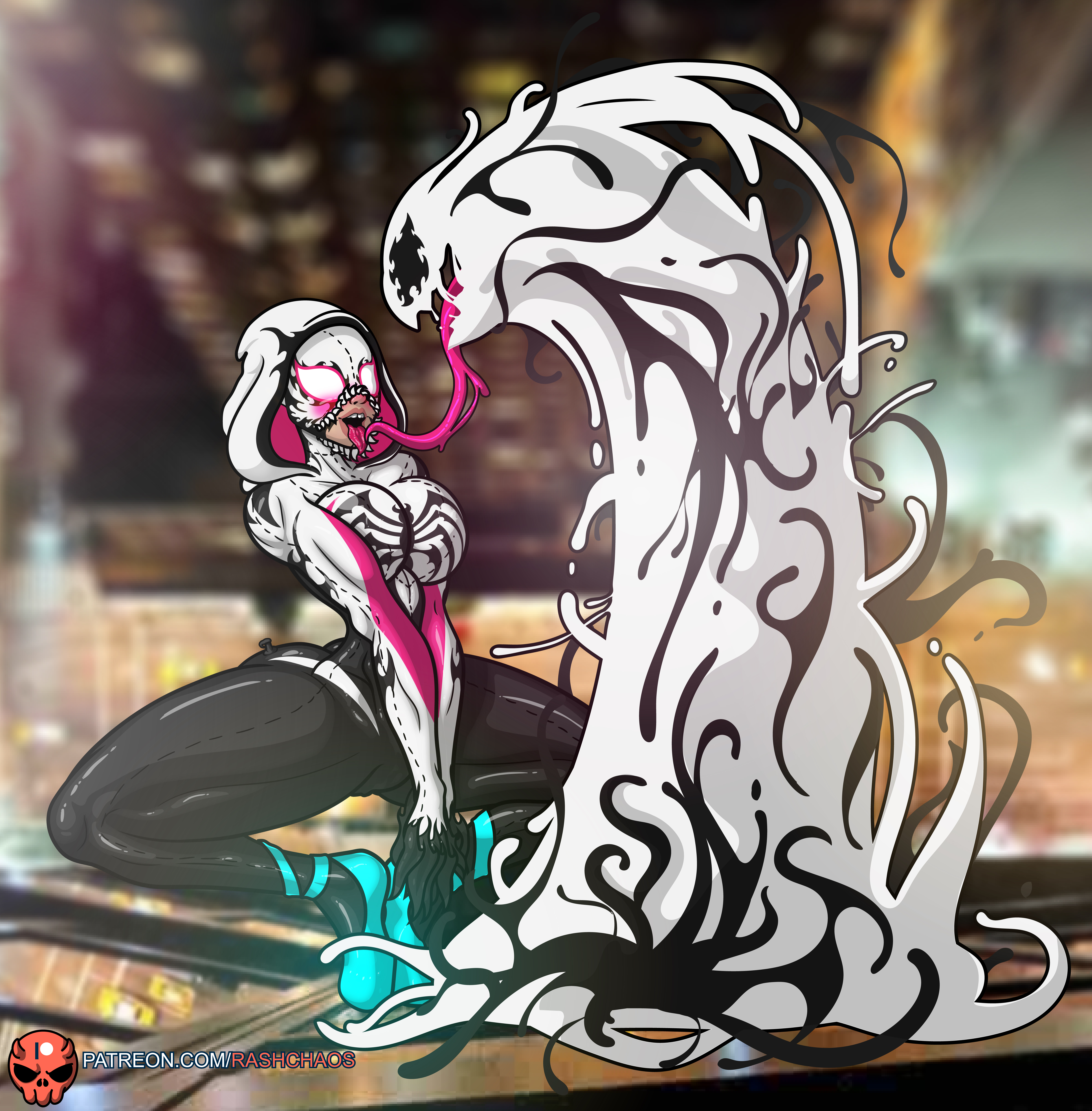 anti-venom, big breasts, breasts, female, gwen stacy, marvel, marvel comics, mask, patreon, rashchaos, spider-gwen, spider-man (series), symbiote, tagme, thighhighs, tongue, tongue out