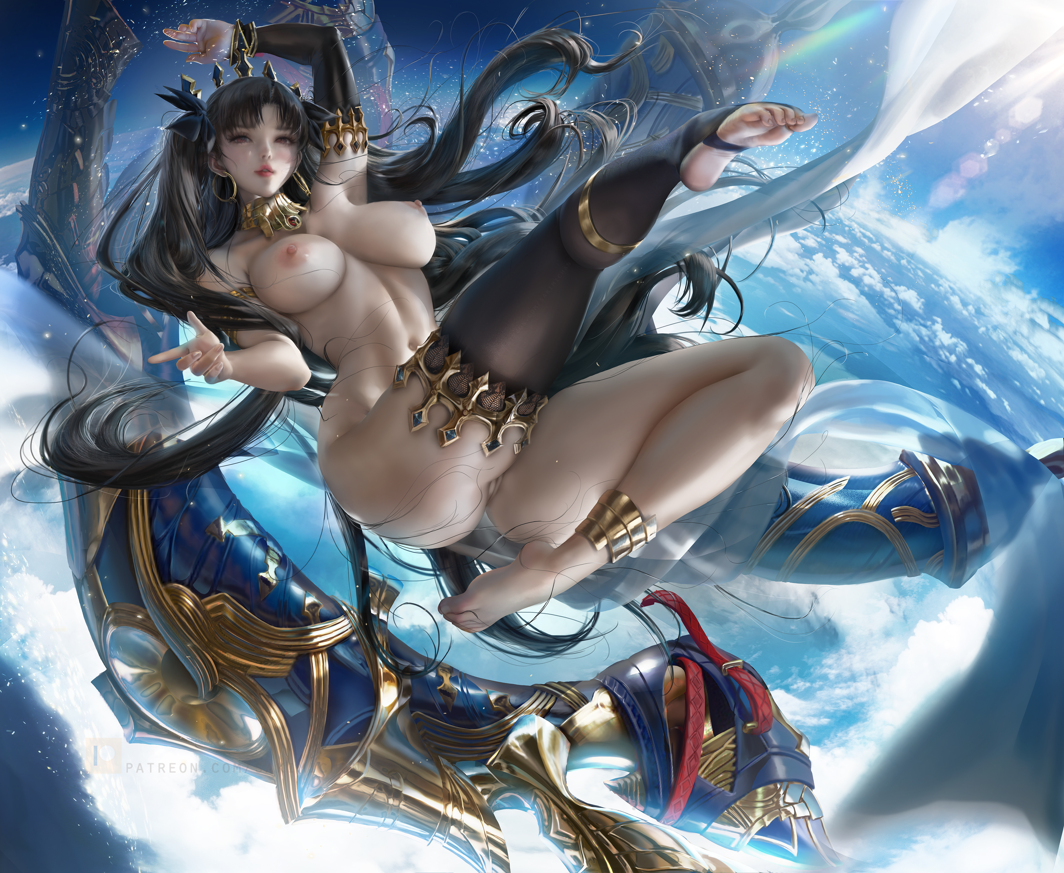 1girls, black hair, detailed background, fate (series), fate/grand order, female, ishtar (fate), nude, realistic, sakimichan, stirrup legwear