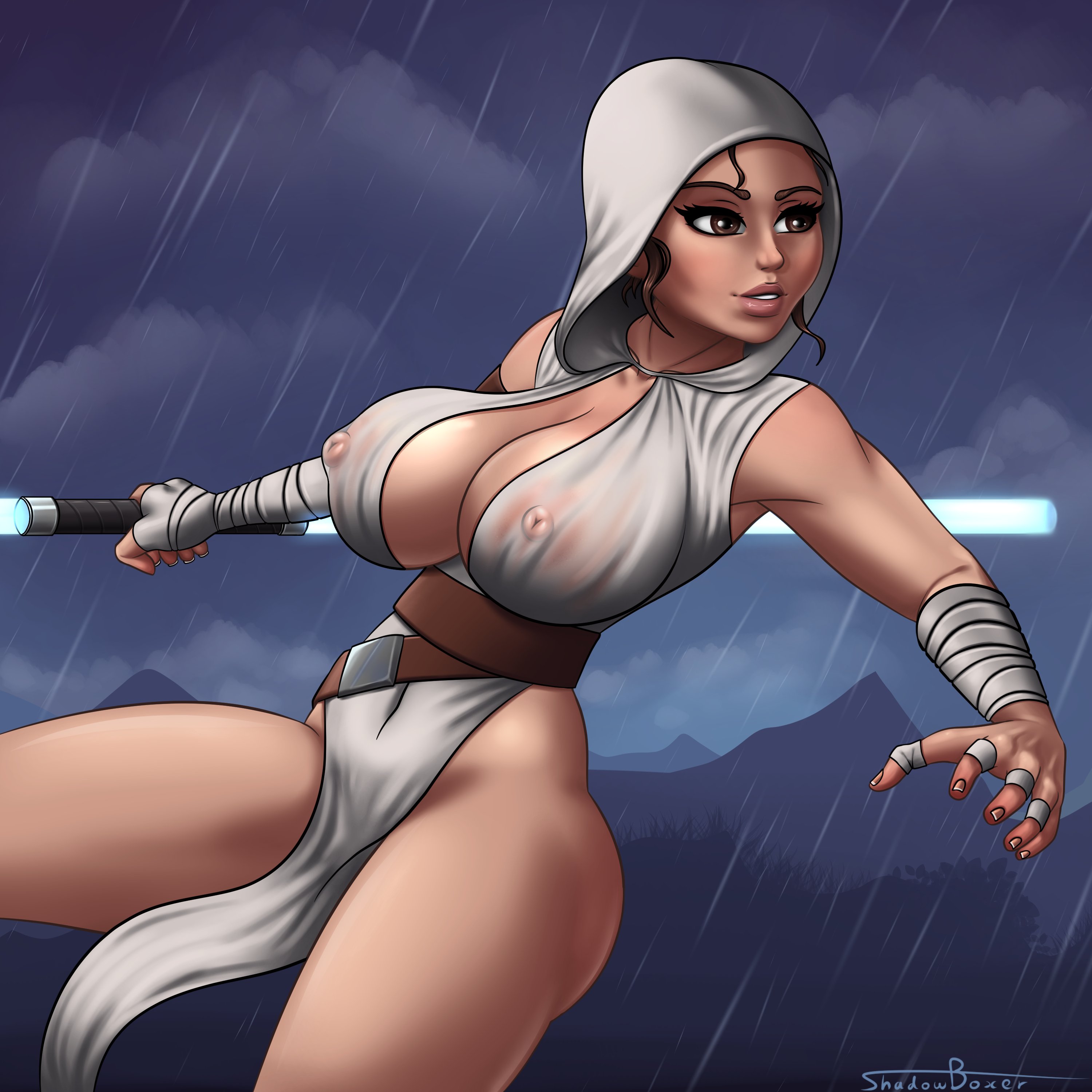 1girls, absurdres, areolae, bare legs, belt, big breasts, blue lightsaber, breasts, cleavage, clothing, dual-bladed lightsaber, erect nipples, female, female only, highres, human, large breasts, lightsaber, nipples, no pants, pale skin, rey, shadowboxer, star wars, sword, the force awakens, thick thighs, thighs, transparent clothing, weapon, wide hips