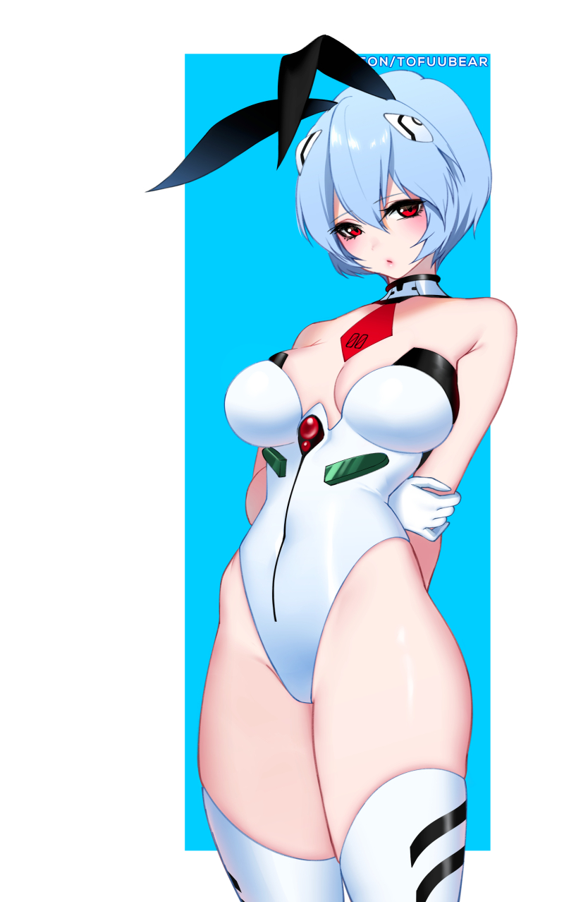 1girls, big breasts, blush, breasts, bunny ears, bunny girl, bunnysuit, cleavage, clothing, female, female only, large breasts, looking at viewer, neon genesis evangelion, rei ayanami, solo, stockings, thighhighs, tofuubear