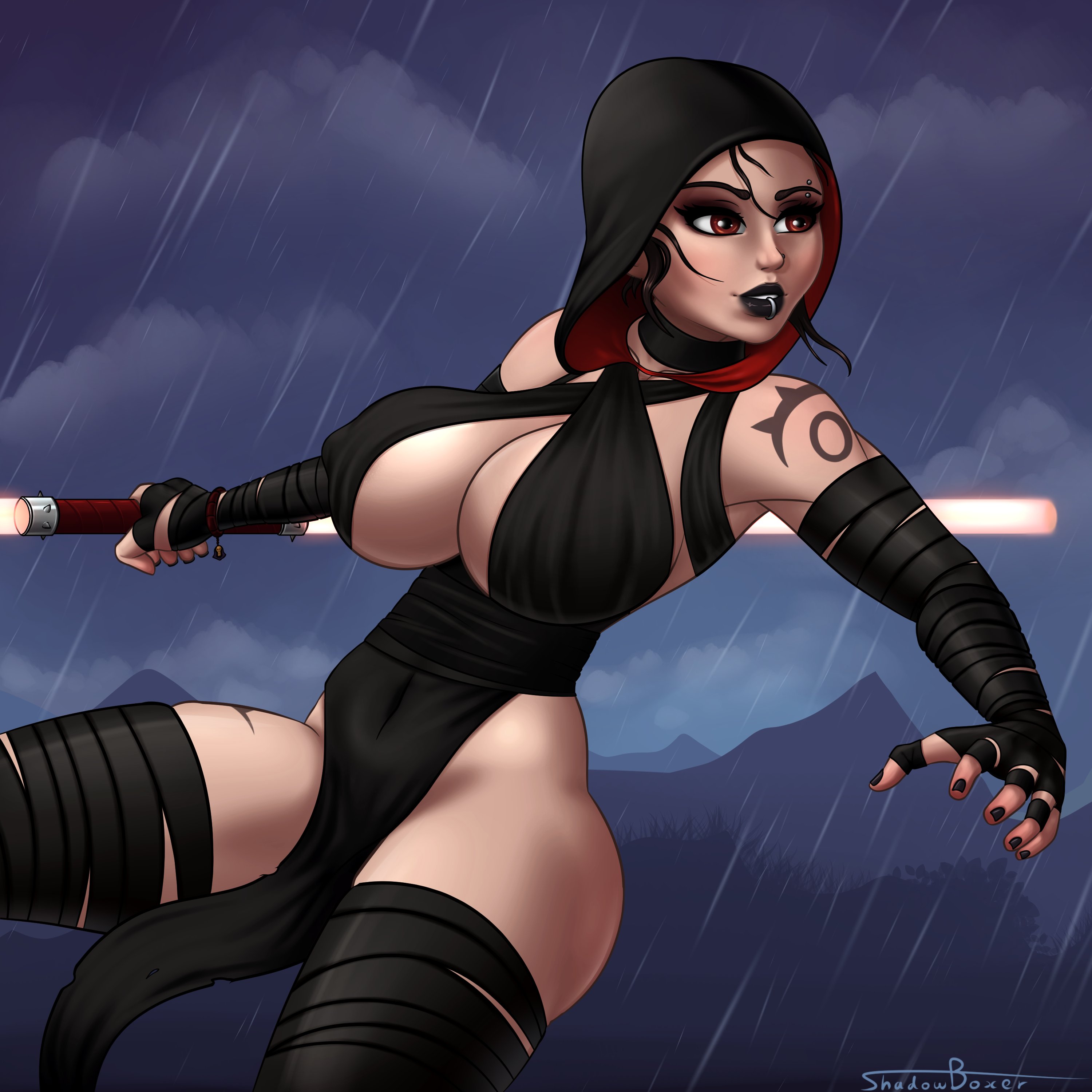 1girls, 2d, absurdres, alternate costume, big breasts, breasts, cleavage, dual-bladed lightsaber, erect nipples, female, female only, highres, human, large breasts, lightsaber, nipples, pale skin, red lightsaber, rey, shadowboxer, sith rey, star wars, sword, the force awakens, thick thighs, weapon, wide hips
