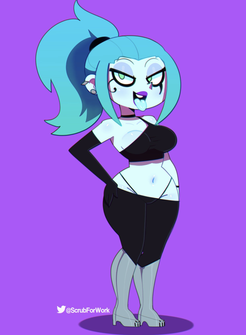 1girls, belly button, black tank top, blue hair, blue skin, blue tongue, breasts, cleavage, clothed, clothing, danny phantom, ember mclain, eyeshadow, female, ghost, green eyes, hairband, half-closed eyes, hand on hip, high heels, hourglass figure, purple lipstick, sleeves, solo, solo female, somescrub, tank top, thick thighs, thong, tongue, tongue out, v-string, wardrobe malfunction, wide hips