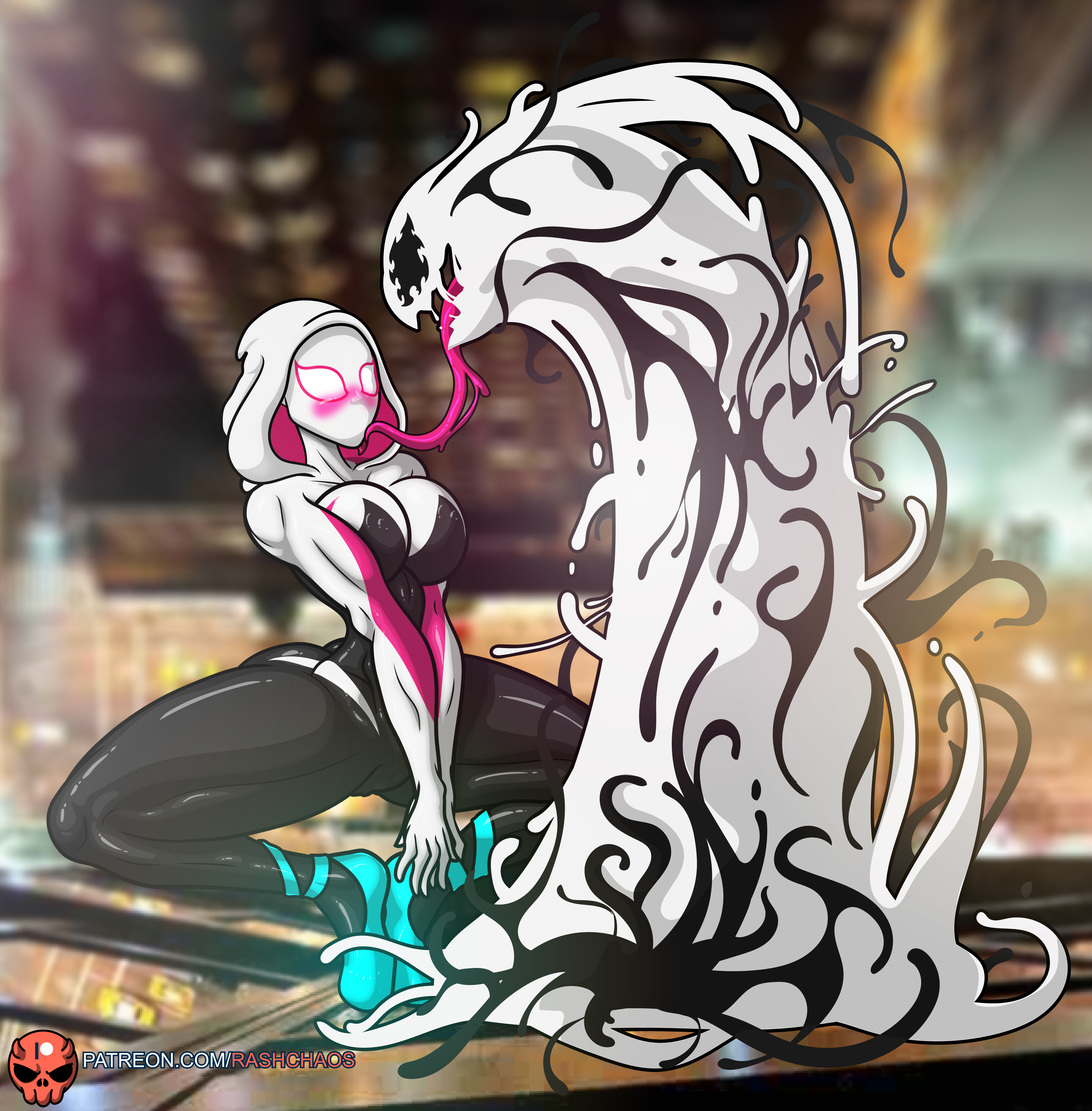 anti-venom, big breasts, breasts, female, gwen stacy, marvel, marvel comics, mask, patreon, rashchaos, spider-gwen, spider-man (series), symbiote, tagme, thighhighs, tongue, tongue out