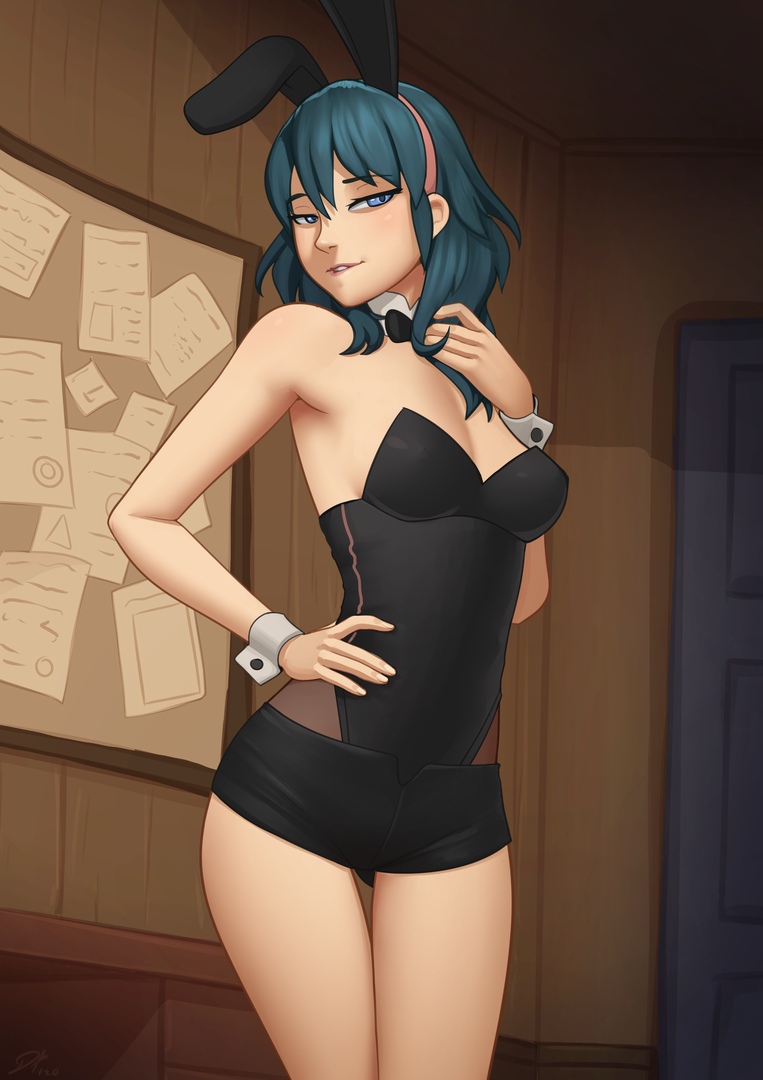 1girls bare_arms bare_shoulders black_leotard blue_eyes blue_hair breasts bulletin_board bunny_ears bunny_girl byleth_(fire_emblem) byleth_(fire_emblem)_(female) cleavage deilan12 detached_collar female female_only fire_emblem fire_emblem:_three_houses indoors looking_at_viewer medium_breasts medium_hair nintendo short_shorts shorts solo source_request standing strapless_leotard tight_clothing wrist_cuffs