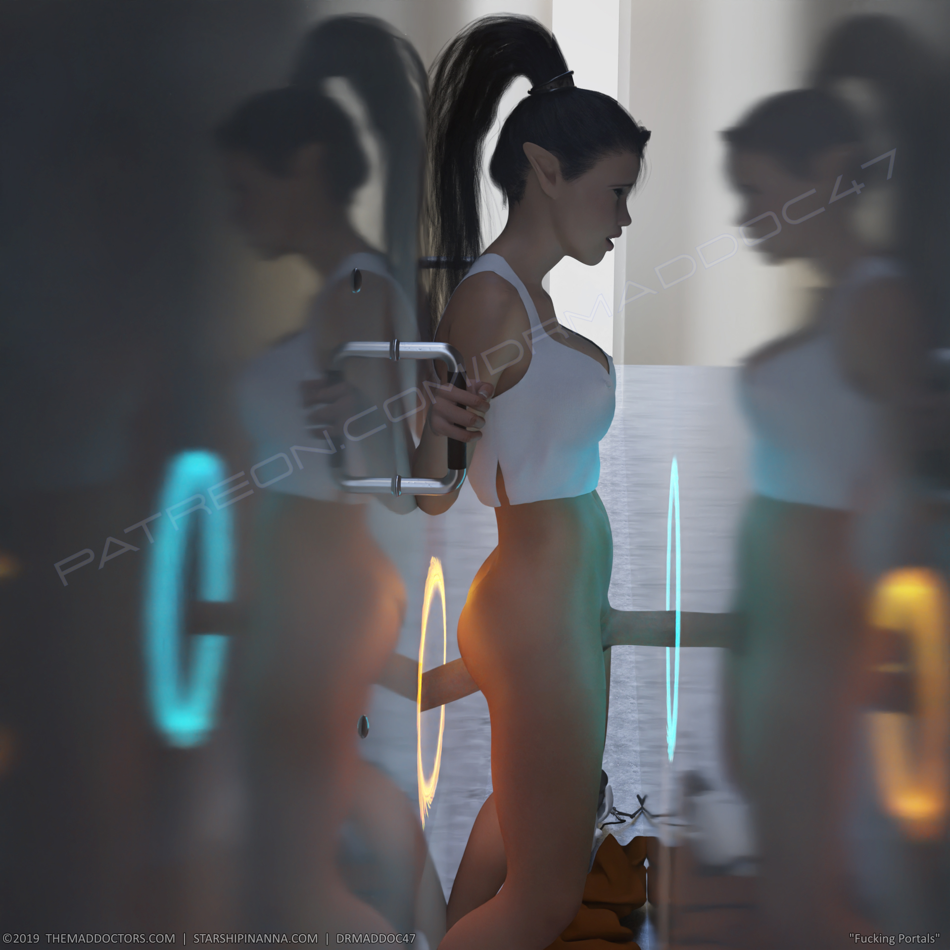 3d, autopenetration, blue portal, cosplay, drmaddoc47, futanari, intersex, orange portal, portal, portal (object), portal (series), portal gun, portal selfcest, self fuck, starship inanna, tarik rin, thinking with portals
