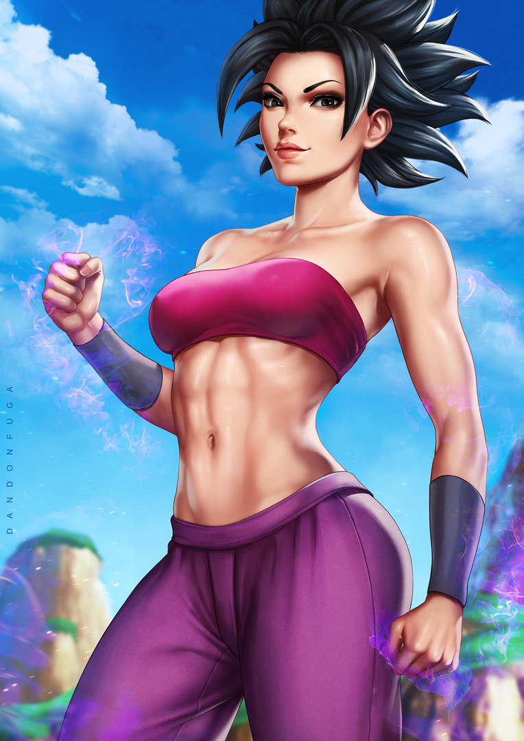 1girls, baggy pants, black hair, breasts, caulifla, cleavage, clothed, dandon fuga, dragon ball, dragon ball super, female, large breasts, saiyan, solo