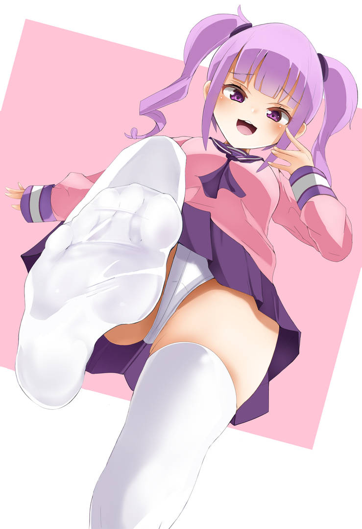 feet flat_chest from_below fully_clothed imminent_stomp looking_at_viewer looking_down otachan panties pov_feet purple_eyes purple_hair school_uniform schoolgirl_uniform skirt small_breasts socks stepped_on stepping stomping the_otachan_show thigh_highs thighhighs twintails upskirt white_legwear white_panties