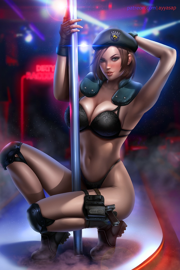 1girls, ayya saparniyazova, ayyasap, bare arms, big breasts, breasts, brown hair, female, female only, jill valentine, large breasts, looking at viewer, resident evil, short hair, silver eyes, smiling, smiling at viewer, solo, solo female, underwear