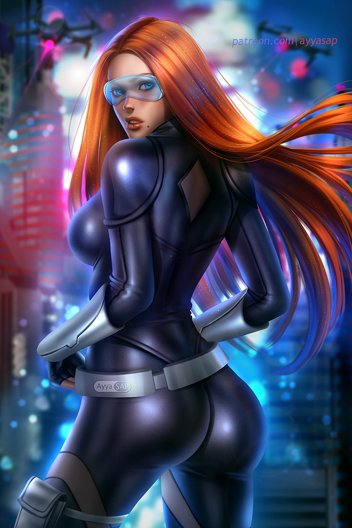 1girls ass ayyasap big_ass blue_eyes breasts female female_only glasses jessica long_hair looking_at_viewer medium_breasts orange_hair original original_character solo solo_female tight_clothing