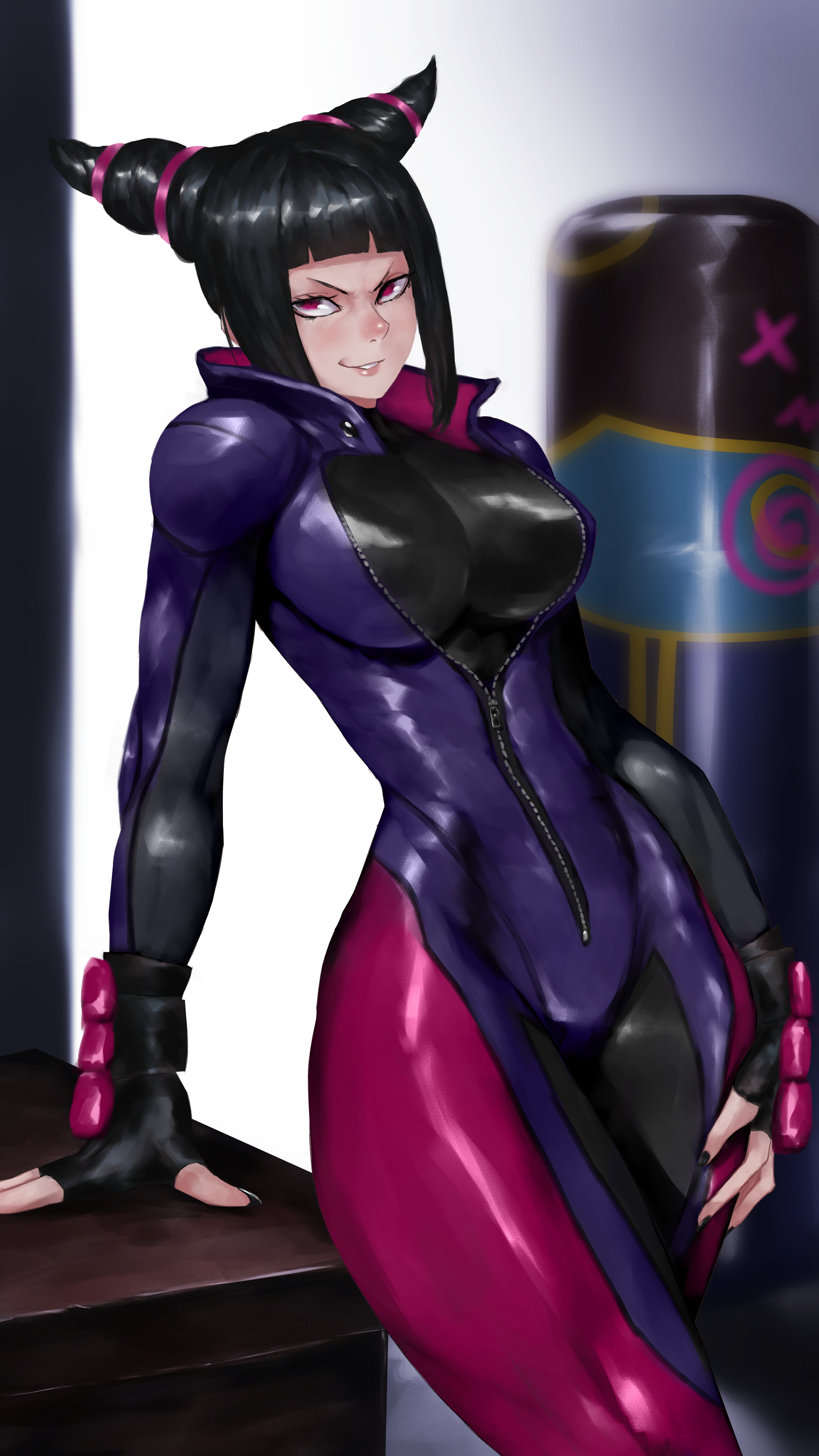 1girls, arm support, bangs, black hair, black nails, bluecup, blunt bangs, blush, bodysuit, breasts, capcom, curvy, drill hair, eyelashes, female, female only, fingerless gloves, front view, fully clothed, gloves, human, juri han, large breasts, leaning, nail polish, pink eyes, sidelocks, smile, smirk, solo, street fighter, street fighter v, thick thighs, tight clothes, twin drills, wide hips