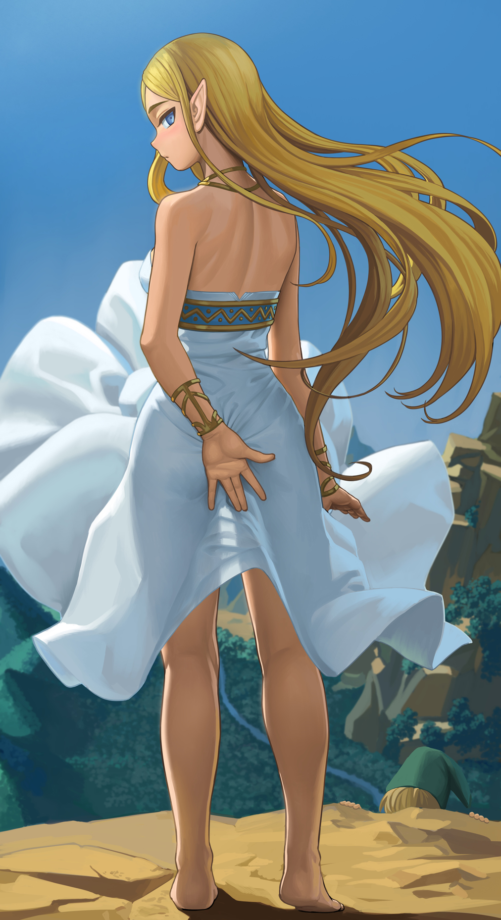 1boy 1girls arm_at_side arm_behind_back back bare_arms bare_back bare_legs bare_shoulders barefoot blonde_female blonde_hair blue_eyes blue_sky blush bracelet breasts breath_of_the_wild casual cliff closed_mouth commentary covering covering_ass day demigoddess dress dress_lift english_commentary feet female female_focus floating_hair from_behind full_body green_headwear hat hiding highres humanoid hylian hyrule_warriors:_age_of_calamity jewelry lasterk legs link link_(breath_of_the_wild) long_hair looking_at_viewer looking_back looking_back_at_viewer looking_behind male medium_breasts mountain neck necklace nintendo no_panties outdoors pale_skin pointy_ears princess_zelda pussy rock see-through see-through_silhouette shadow sideboob sky standing straight_hair strapless strapless_dress sundress the_legend_of_zelda the_legend_of_zelda:_breath_of_the_wild very_long_hair white_dress wind wind_lift zelda's_ceremonial_robes zelda_(breath_of_the_wild)