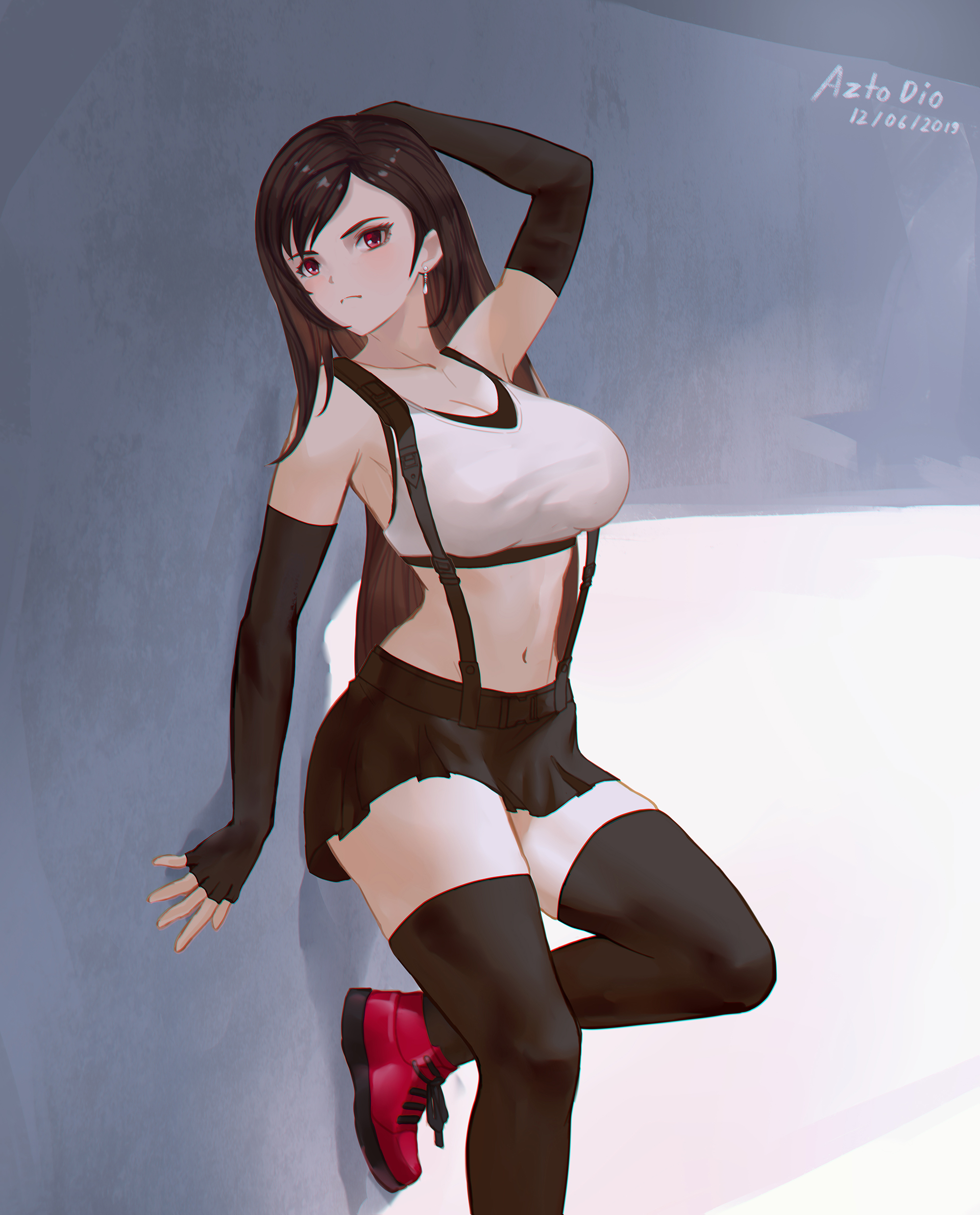 1girls, 2019, against wall, ass, azto dio, black legwear, black skirt, breasts, brown hair, cleavage, clothed, crop top, curvy, dated, earrings, elbow gloves, female, female only, final fantasy, final fantasy vii, fingerless gloves, footwear, gloves, highres, huge breasts, human, large areolae, leaning, leaning against wall, legwear, long hair, midriff, miniskirt, navel, pleated skirt, posing, red eyes, shoes, signature, skirt, solo, standing, suspenders, thighhighs, tifa lockhart, very long hair