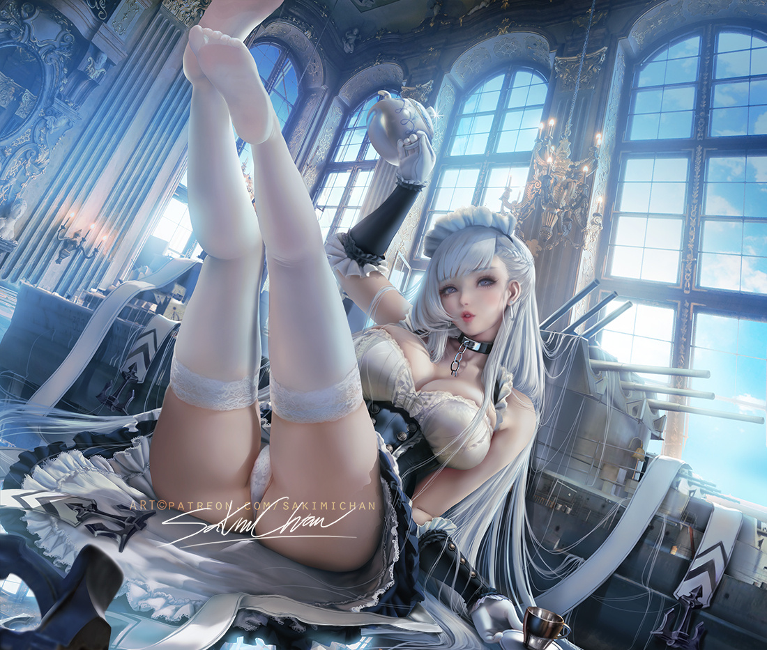 1girls, ass, azur lane, belfast (azur lane), big ass, big breasts, breasts, cleavage, female, female only, large breasts, looking at viewer, panties, sakimichan, solo, thighhighs