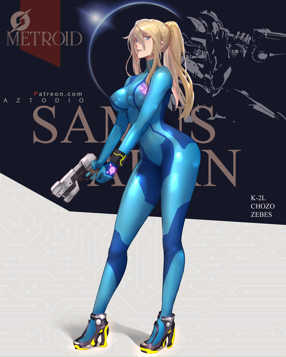1girls, artist name, azto dio, bangs, beauty mark, blonde hair, blue eyes, bodysuit, breasts, character name, clothed, copyright name, english text, female, female only, firearm, footwear, front view, full body, gun, hair between eyes, handgun, high heels, highres, holding gun, holding weapon, human, large breasts, long hair, long ponytail, looking at viewer, metroid, midriff, mole, mole under mouth, navel, nintendo, pale skin, ponytail, ranged weapon, samus aran, shoes, skin tight, solo, standing, text, toned, toned female, very long hair, weapon, wristwear, zero suit, zero suit samus