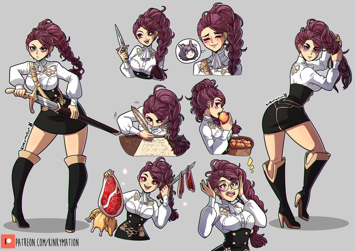 ?, 1girls, apple, artist name, artist signature, bernadetta von varley, blush, blushing, boots, braid, brown hair, bunny ears, clothed female, eyebrows visible through hair, female, female only, fire emblem, fire emblem: three houses, glasses, hair braid, high heel boots, kemonomimi, kinkymation, nintendo, petra macneary, purple hair, reference sheet, signature, simple background, sword, thought bubble, url, writing, yellow eyes