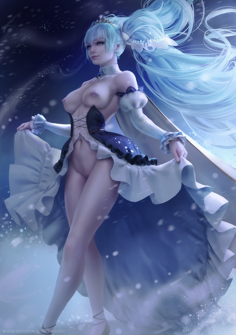 1girl, 1girls, aqua hair, areolae, bare breasts, bare legs, bare shoulders, big breasts, blue eyes, blue hair, breasts, choker, clothes lift, detached collar, detached sleeves, dress, earrings, female, female only, functionally nude, hair ornament, hatsune miku, high heels, jewelry, lips, long hair, looking at another, looking at viewer, medium breasts, naked footwear, navel, nipples, no panties, ponytail, pussy, smiling, snow, snowing, solo, solo female, tiara, very long hair, vocaloid, zarory