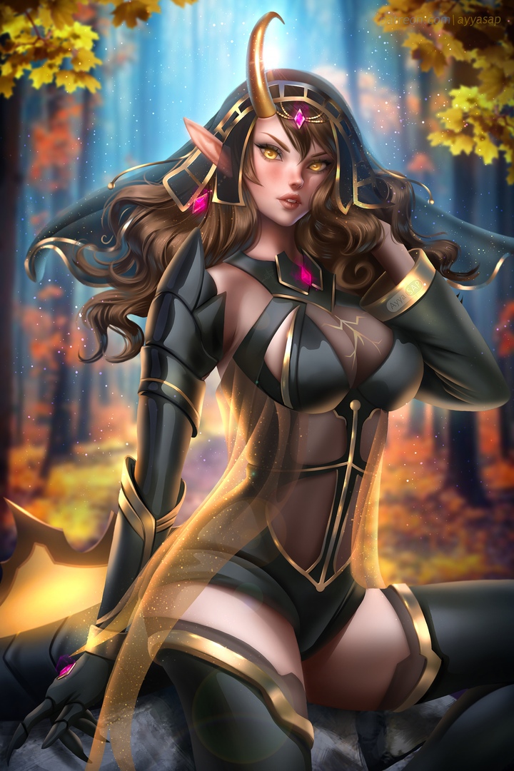 1girls, ayya saparniyazova, ayyasap, big breasts, breasts, brown hair, elf, female, female only, gold eyes, horn, long ears, long hair, looking at viewer, smiling, smiling at viewer, solo, solo female, xirena