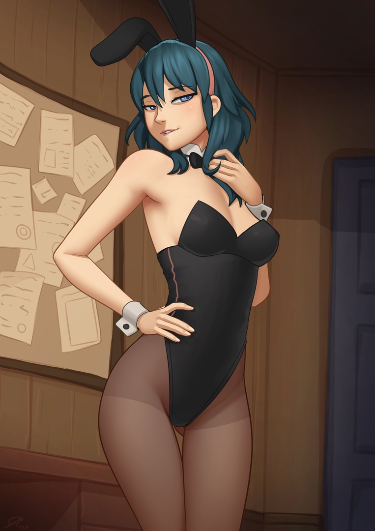 1girls bare_arms bare_shoulders black_leotard blue_eyes blue_hair breasts bulletin_board bunny_ears bunny_girl byleth_(fire_emblem) byleth_(fire_emblem)_(female) deilan12 detached_collar female female_only fire_emblem fire_emblem:_three_houses highleg highleg_leotard indoors looking_at_viewer medium_breasts medium_hair nintendo pantyhose playboy_bunny solo source_request standing strapless_leotard tight_clothing wrist_cuffs