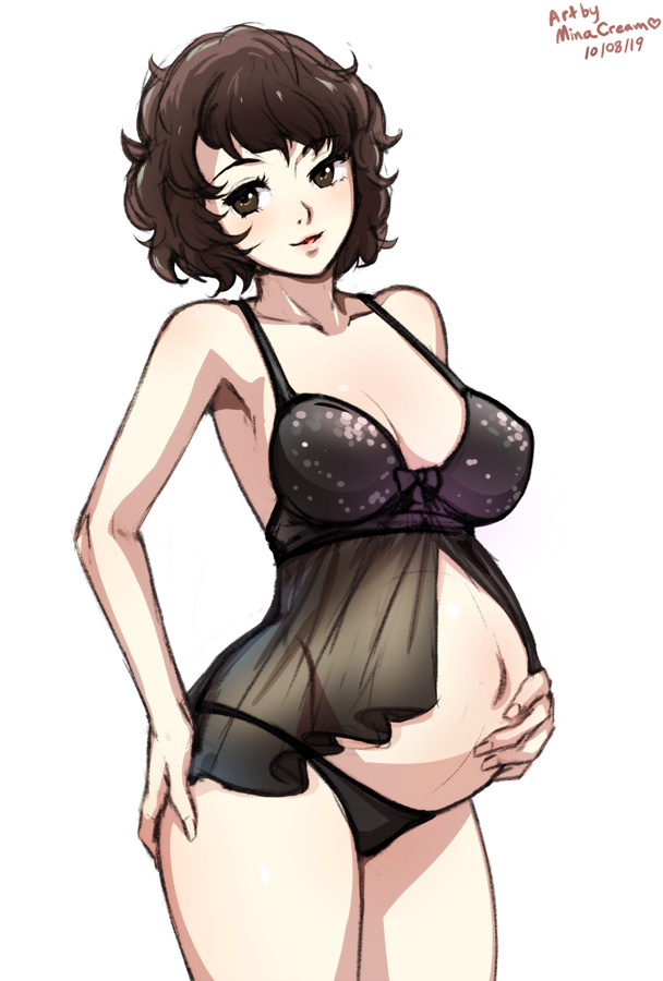 1girls, artist name, big belly, black hair, bra, dated, female, female only, hair, lingerie, megami tensei, minacream, panties, persona, persona 5, pregnant, ready to pop, sadayo kawakami, signature, solo, video games
