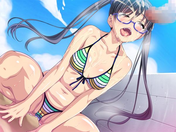 ahe_gao beach bikini black_hair bukkake cameltoe cum erect_nipples eroge! eroge!_h_mo_game_mo_kaihatsu_zanmai facial female fucked_silly game_cg glasses hamashima_shigeo kosaka_iori long_hair multicolored_stripes open_mouth peeing penis purple-framed_glasses red_eyes saliva shiny shiny_skin solo squatting striped striped_bikini striped_swimsuit swimsuit tied_hair tongue twintails