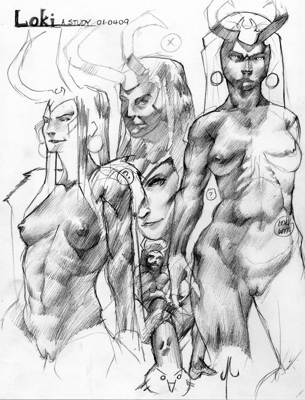 2009 collage female horned_headwear human lady_loki magi marvel marvel_comics meme pencil_(artwork) sketch straight_hair thor_(series) voluptuous voluptuous_female