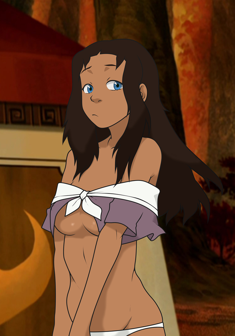 1girls, anaxus, avatar the last airbender, blue eyes, breasts, brown hair, clothing, cute, dark skin, dark-skinned female, female, female only, hair down, katara, long hair, looking at viewer, mostly nude, nickelodeon, outdoors, panties, small breasts, tied shirt, wild hair