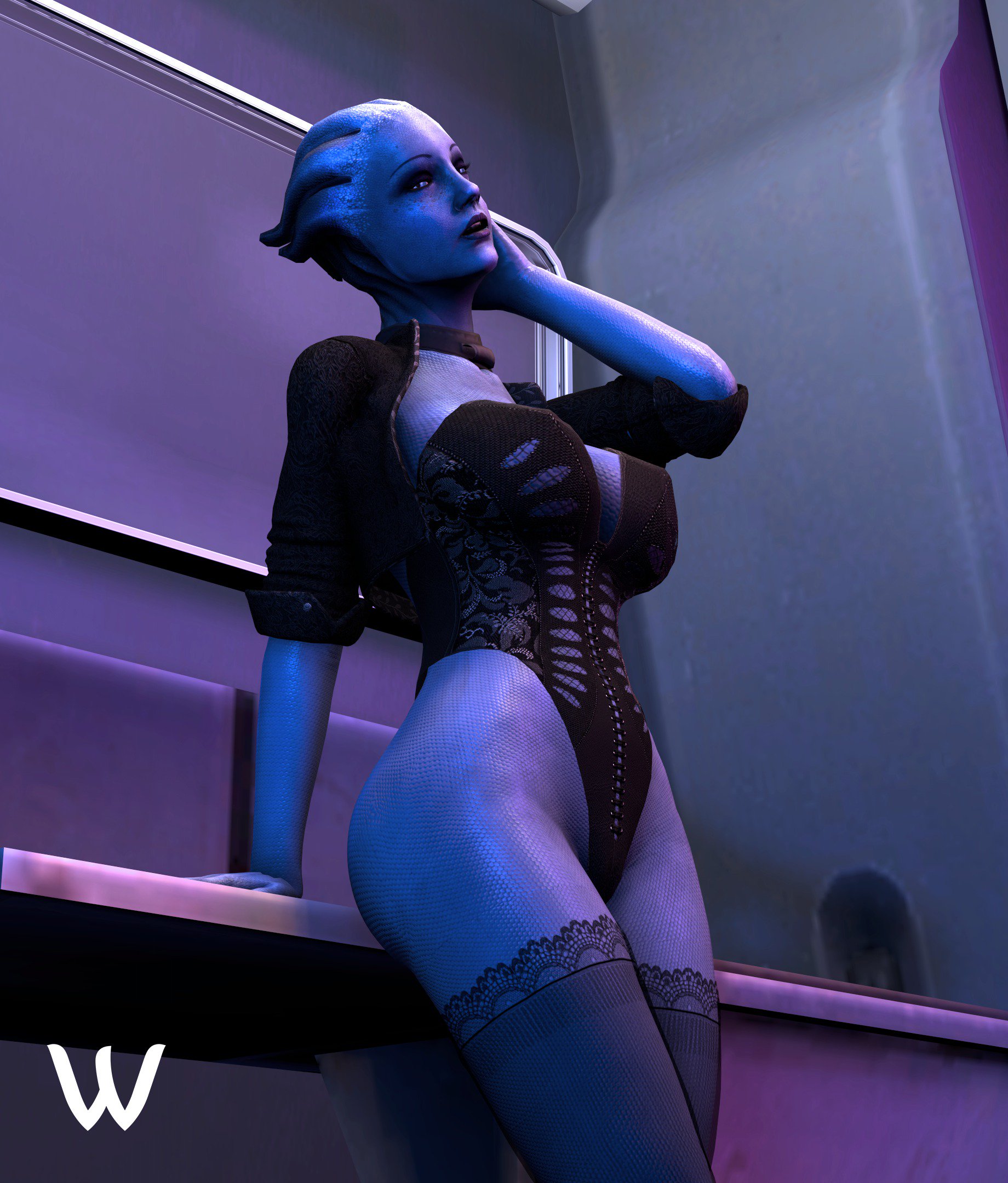 1girls, 3d, 3d (artwork), alien, asari, ass, big breasts, blue eyes, blue skin, bolero, breasts, bubble ass, bubble butt, busty, choker, cleavage, erect nipples, eyelashes, eyeliner, female, female focus, female only, hourglass figure, huge breasts, jacket, large breasts, liara t'soni, lingerie, makeup, mascara, mass effect, nipple bulge, nipples, pinup, pose, posing, scales, sleeves rolled up, solo, standing, stockings, thick thighs, wide hips, wildynsfw