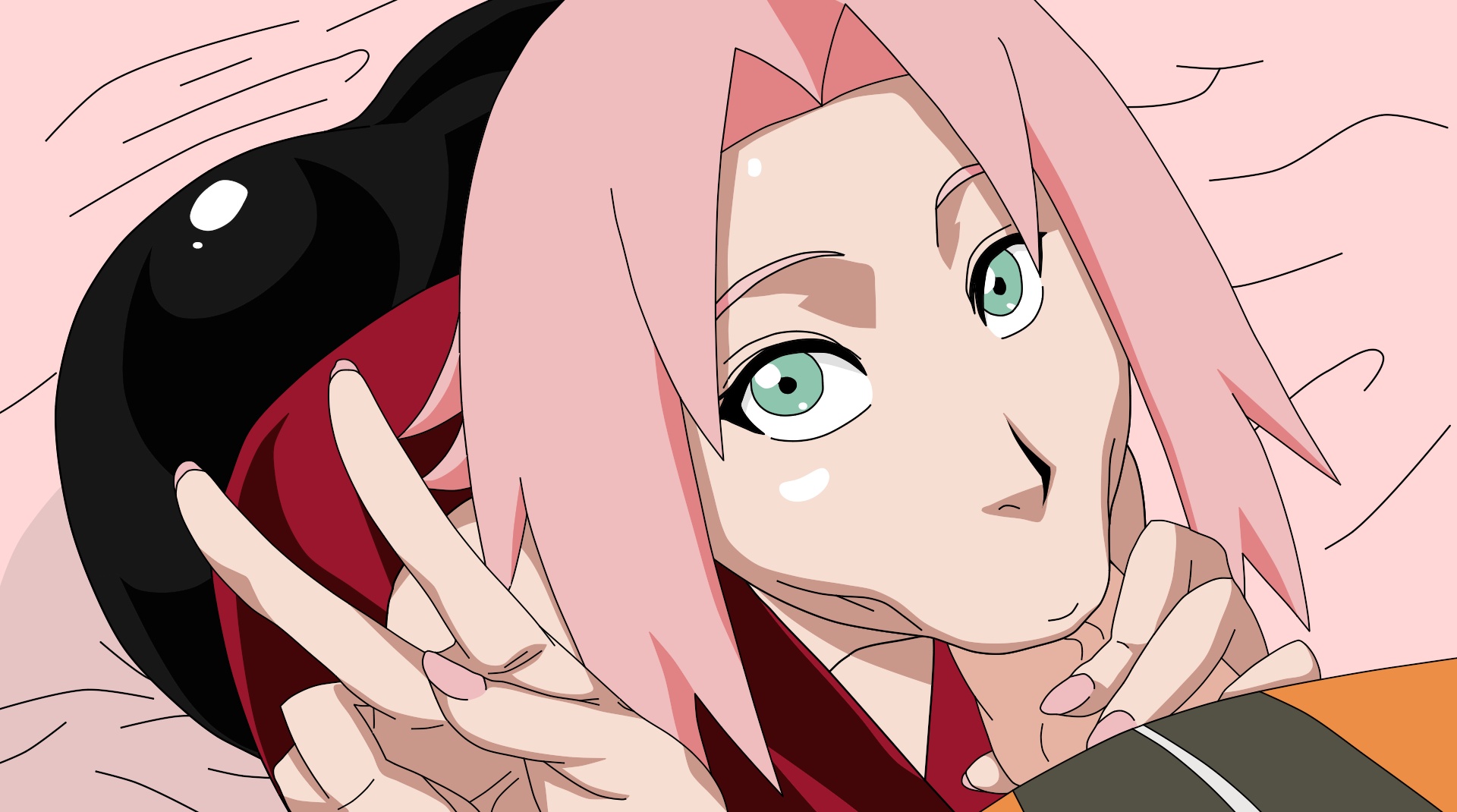 1boy, 1girls, bed, bed sheet, bedroom, bent over, bike shorts, clothing, fellatio, female, fully clothed, green eyes, handjob, holding penis, jacket, looking at viewer, male, nail polish, naruto, naruto (series), naruto shippuden, oral, peace sign, penis, pink hair, pink nail polish, pink nails, pov, pov eye contact, sakura haruno, shorts, straight, sunahara wataru, uzumaki naruto
