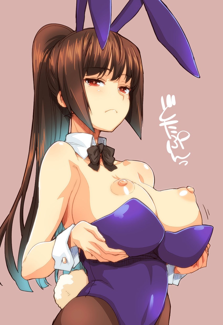 1girls, ass, big ass, big breasts, breasts, brown hair, bunny ears, bunnysuit, cleavage, clothed, clothing, costume, curvy, female, female focus, female only, hagiya masakage, hi res, leggings, long hair, looking at viewer, nipples, please don't bully me, nagatoro, presenting, president (nagatoro), red eyes, red hair, revealing clothes, sana sunomiya, simple background, solo, watermark, wide hips