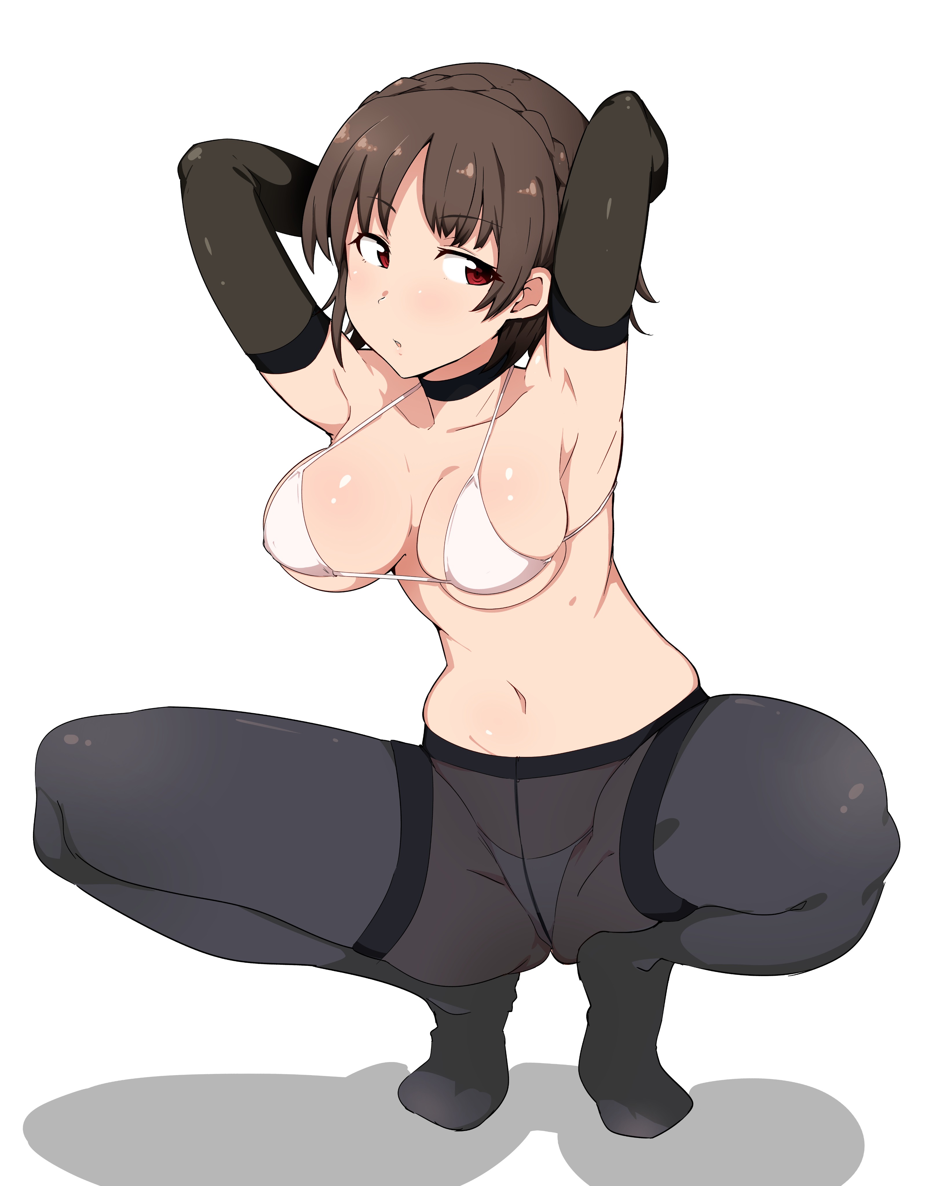 1girls, absurdres, armpits, arms above head, atlus, bra, brown hair, choker, crouching, female, looking away, makoto niijima, panties, persona, persona 5, pinup, red eyes, see-through, seihekiog, short hair, solo, tights