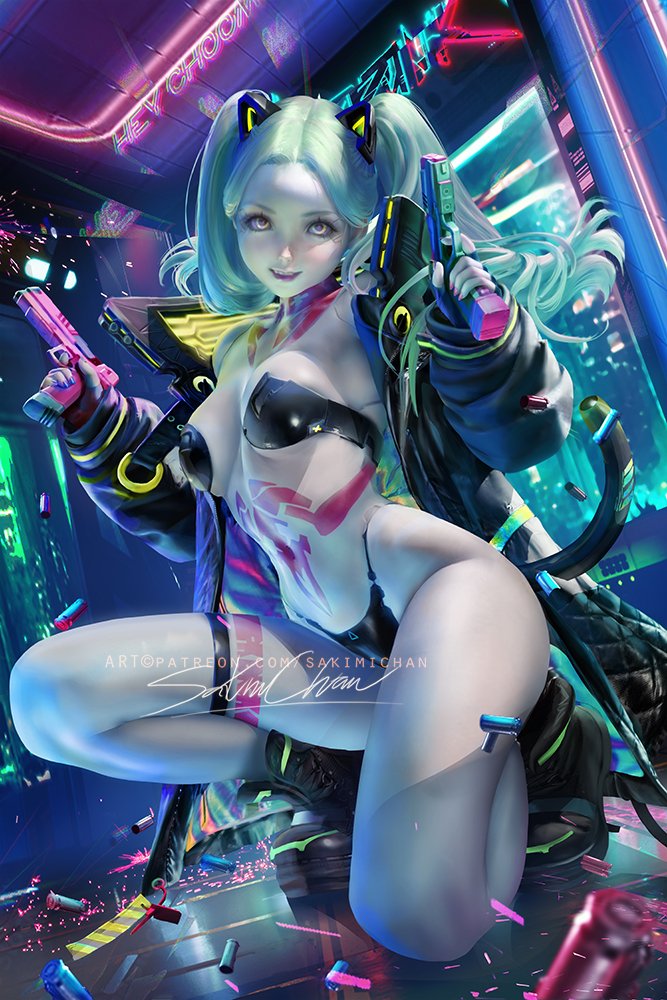 1girls, breasts, casual, cd projekt red, clothing, cyberpunk 2077, cyberpunk: edgerunners, female, female only, firearm, footwear, gun, guns, handgun, human, medium breasts, netflix, open clothes, open jacket, outerwear, pale skin, panties, realistic, rebecca (edgerunners), sakimichan, small nose, smile, studio trigger, thick thighs, thin eyebrows, twintails, underwear, very small nose, weapon