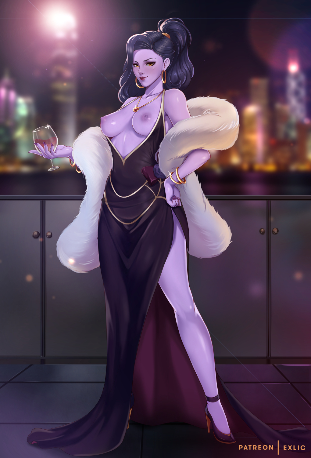 1girls, areolae, big breasts, breasts, exlic, female, female only, large breasts, looking at viewer, nipples, overwatch, purple skin, solo, widowmaker