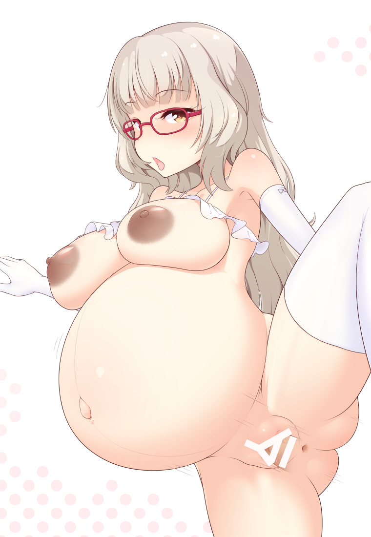 1girls aka8mori anus areolae ass bangs big_belly big_nipples birth blunt_bangs breasts censored female female_only glasses hazuki_shizuku large_areolae large_breasts new_game! nipples pregnant pussy ready_to_pop red_glasses solo solo_female solo_focus thighhighs