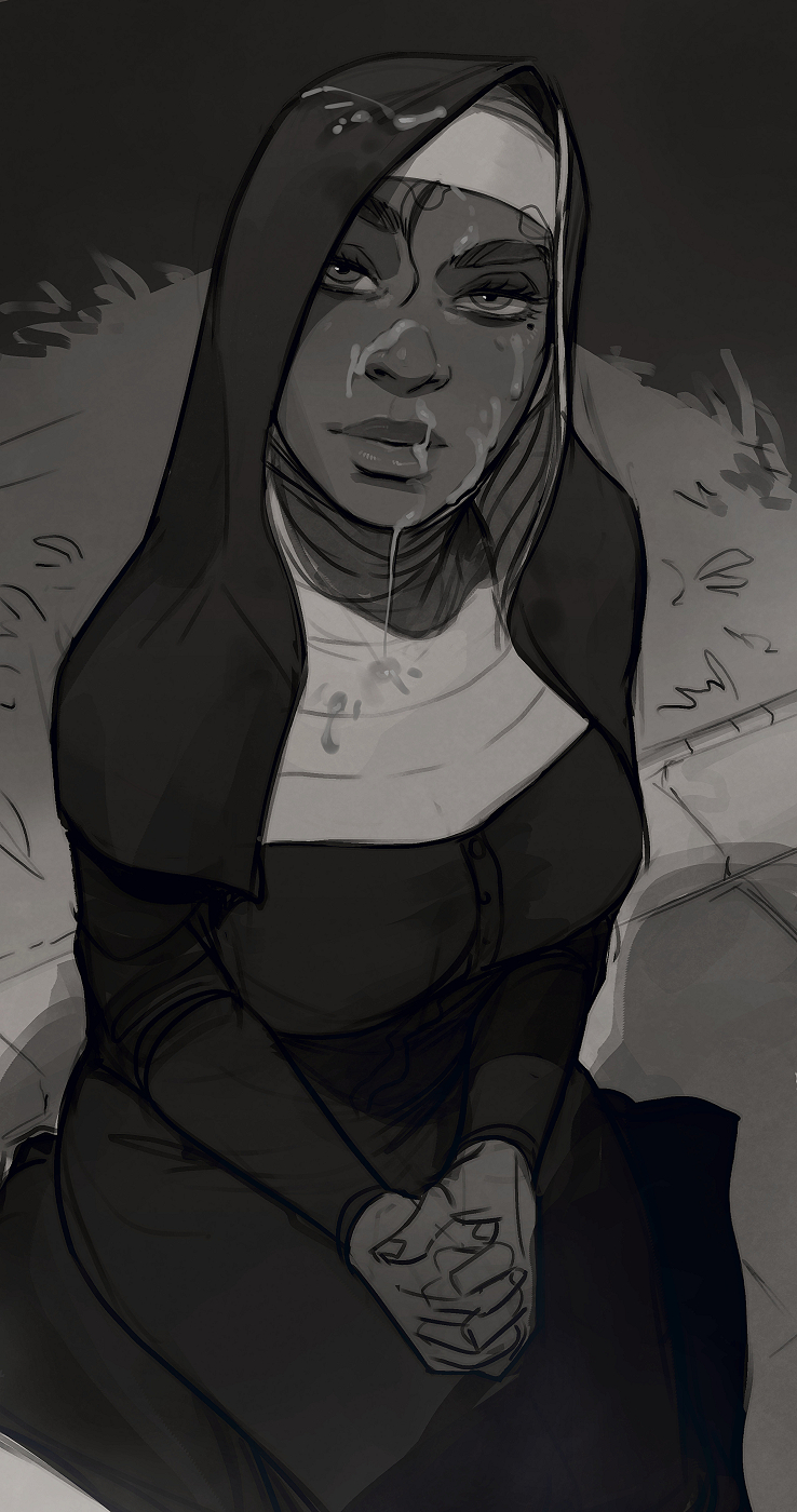 after fellatio, after sex, breasts, clothed, clothed sex, clothes, clothing, cum, cum on clothes, cum outside, dark skin, dark-skinned female, facial, female, fully clothed, habit, incase, kneeling, large breasts, lips, looking at viewer, mole, mole under eye, monochrome, nose, nun, nun outfit, original, pov, praying, solo