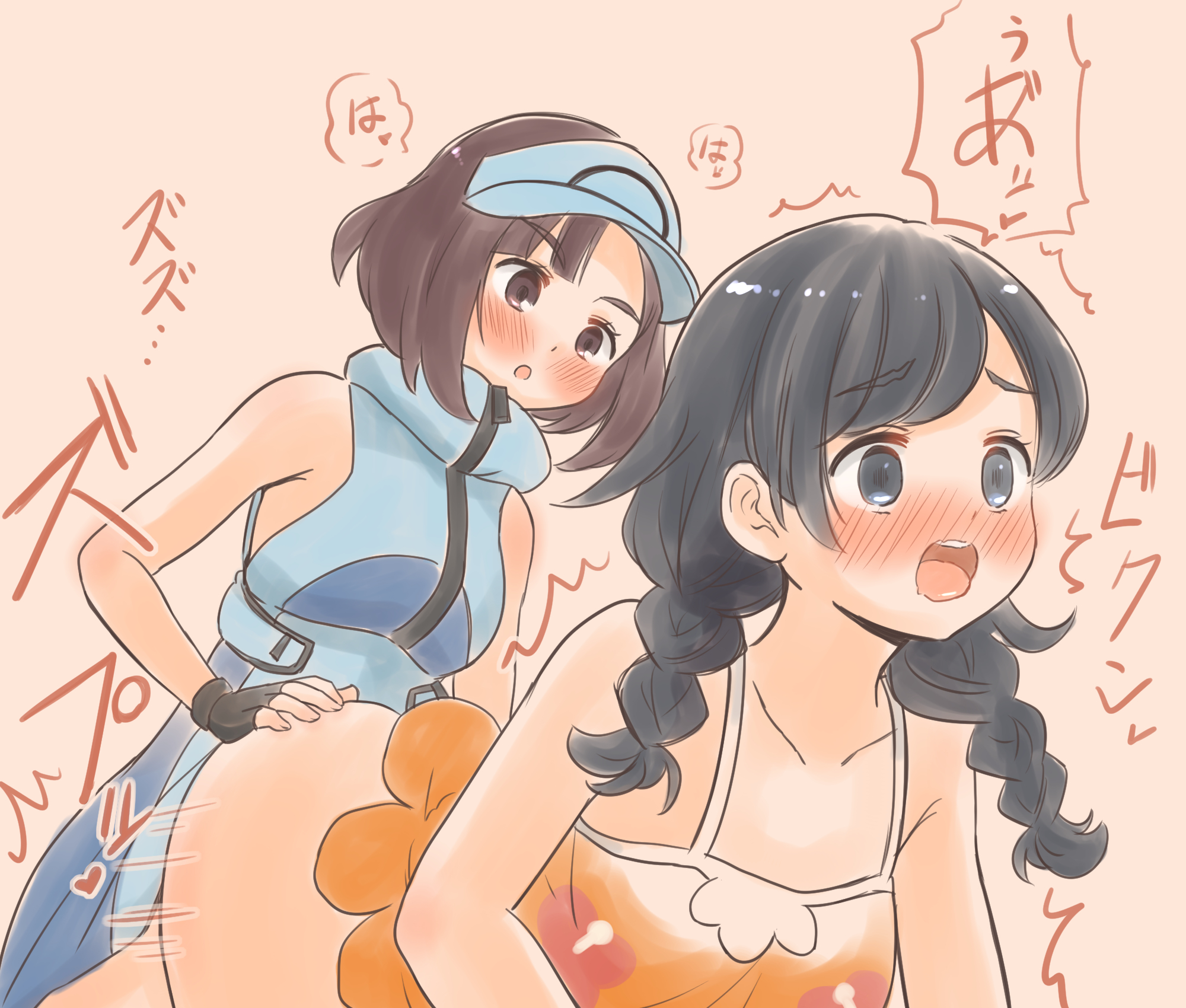 1futa, 1girls, ace trainer (pokemon sm), ace trainer (pokemon), ambiguous penetration, azumanishiki, bare arms, bent over, black eyes, black hair, blue headwear, blue jacket, blush, bottomless, braid, breasts, brown eyes, brown hair, clothed, clothing, duo, female, fingerless gloves, from behind, fucked from behind, futa on female, futanari, game freak, gloves, human, implied futa, intersex, jacket, light skin, light-skinned female, light-skinned futa, medium hair, mostly clothed, nintendo, npc trainer, orange shirt, pokemon, pokemon usm, questionable consent, selene (pokemon usm), selene (pokemon), sex, sex from behind, sleeveless, sleeveless jacket, sleeveless shirt, spaghetti strap, standing, swept bangs, taken from behind, tank top, twin braids, visor cap