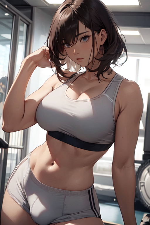 1futa ai_generated ball_bulge balls balls_under_clothes bare_midriff blue_eyes breasts brown_hair bulge bulge_through_clothing fit fit_futanari flaccid futa_only futanari gray_clothing gym indoors looking_at_viewer navel original original_character partially_clothed penis penis_bulge penis_under_clothes pixai solo solo_futa sports_bra sports_shorts sportswear