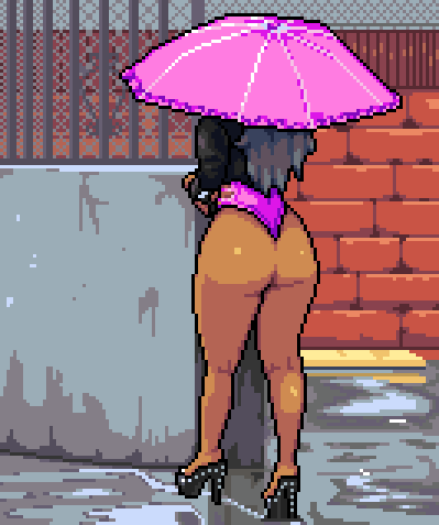 1girls back back_view baldur_89 big_ass black_hair corset dark-skinned_female dark_skin high_heels pink_clothing pixel_art platform_heels prostitute prostitution revealing_clothes solo solo_female thick_ass thick_thighs thighs umbrella walking