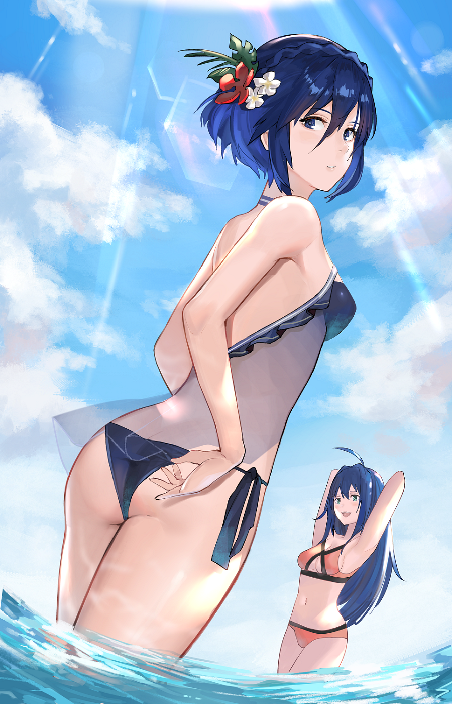 2girls adjusting_clothes ahoge armpits arms_behind_head arms_up ass ass_cleavage bangs bare_arms bare_shoulders beach bikini black_bikini black_ribbon blue_eyes blue_hair blue_sky braid breasts butt_crack choker cleavage cleavage_cutout cloud crown_braid day fire_emblem fire_emblem:_path_of_radiance fire_emblem:_radiant_dawn fire_emblem_awakening fire_emblem_heroes flower hair_between_eyes hair_flower hair_ornament highres j@ck leaf_hair_ornament lens_flare light_rays looking_at_viewer looking_back lucina_(fire_emblem) lucina_(summer)_(fire_emblem) marth_(fire_emblem_awakening) mia_(fire_emblem) mia_(summer)_(fire_emblem) multiple_girls navel orange_bikini outdoors parted_lips red_flower ribbon see-through short_blue_hair short_hair side-tie_bikini sky small_breasts sunbeam sunlight swimsuit wading water white_flower