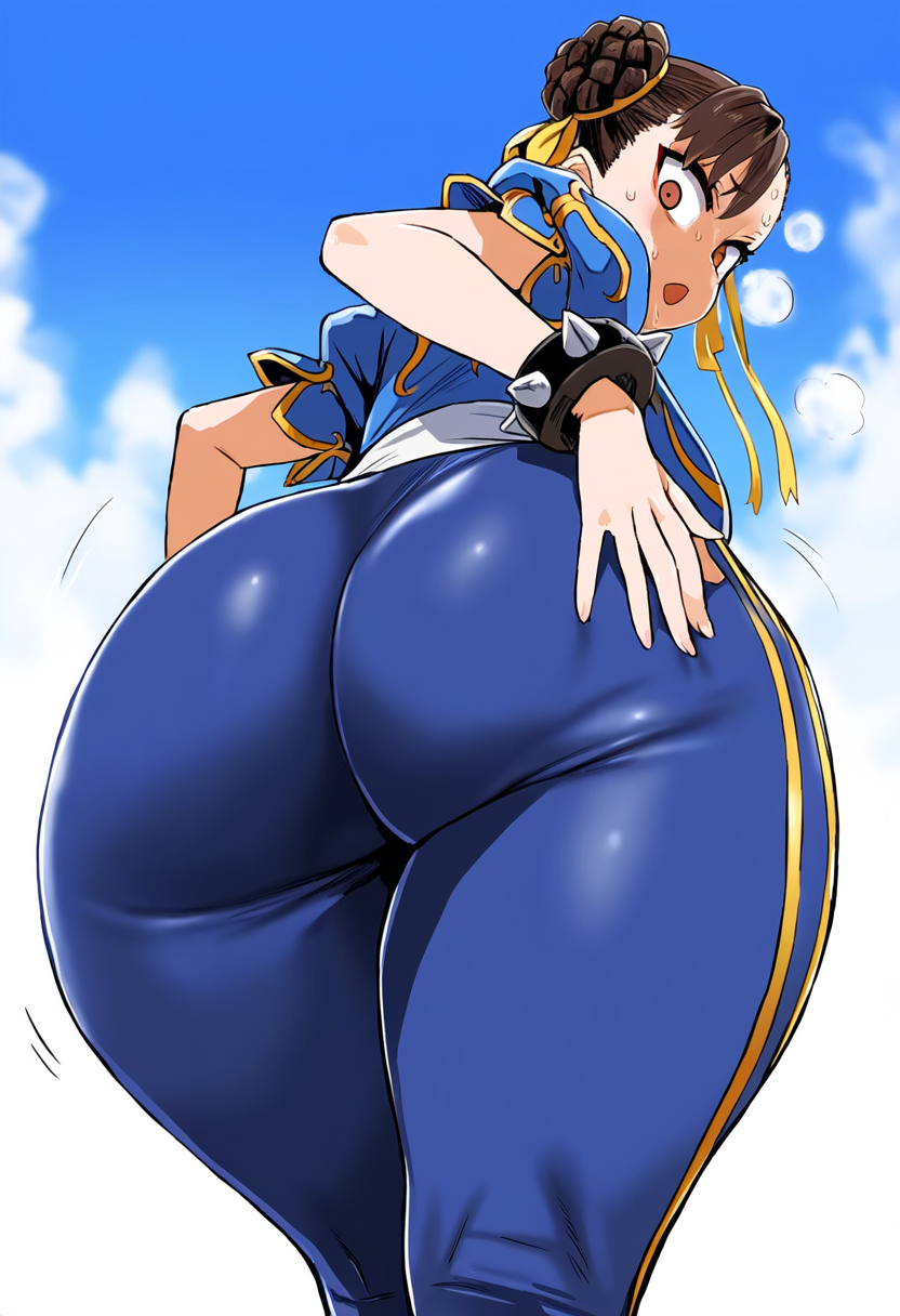 1girls, ai generated, ass, ass focus, big ass, big butt, black hair, breasts, chun-li, constricted pupils, earring, earrings, fat ass, female, from behind, from below, gloopai, hourglass figure, huge ass, huge butt, looking at viewer, nai diffusion, open mouth, solo, steam, steaming body, street fighter, street fighter alpha, surprised, sweat, sweatdrop, thick, thick ass, thick thighs, voluptuous, voluptuous female, wide hips