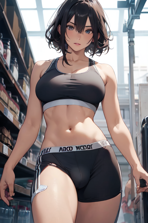 ai_generated bare_midriff blue_eyes brown_hair bulge bulge_through_clothing fit fit_female futa_only futanari indoors looking_at_viewer navel original original_character partially_clothed pixai shelves solo solo_futa sports_bra sports_shorts sportswear walking