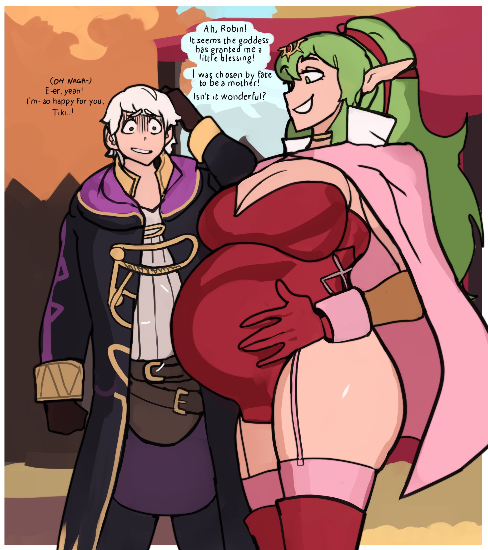 1boy, 1girls, bare thighs, boots, breasts, dolecat, english text, female, fire emblem, fire emblem awakening, garter straps, grin, huge breasts, male, nintendo, outdoors, ponytail, pregnant, robin (fire emblem), robin (fire emblem) (male), smile, text, thick thighs, thighs, tiki (fire emblem), tiki (fire emblem) (adult)