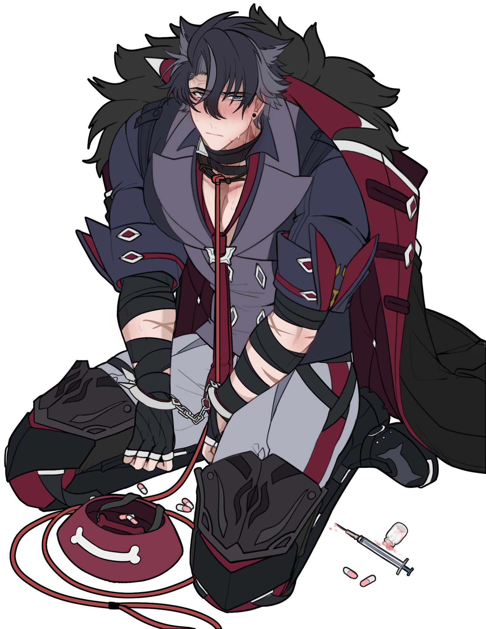 1boy, clothed, collar, cuffs, dog bowl, genshin impact, handcuffs, juju eateatuwu, leash, leash and collar, male, male focus, male only, malesub, rope, solo male, wriothesley (genshin impact), yaoi