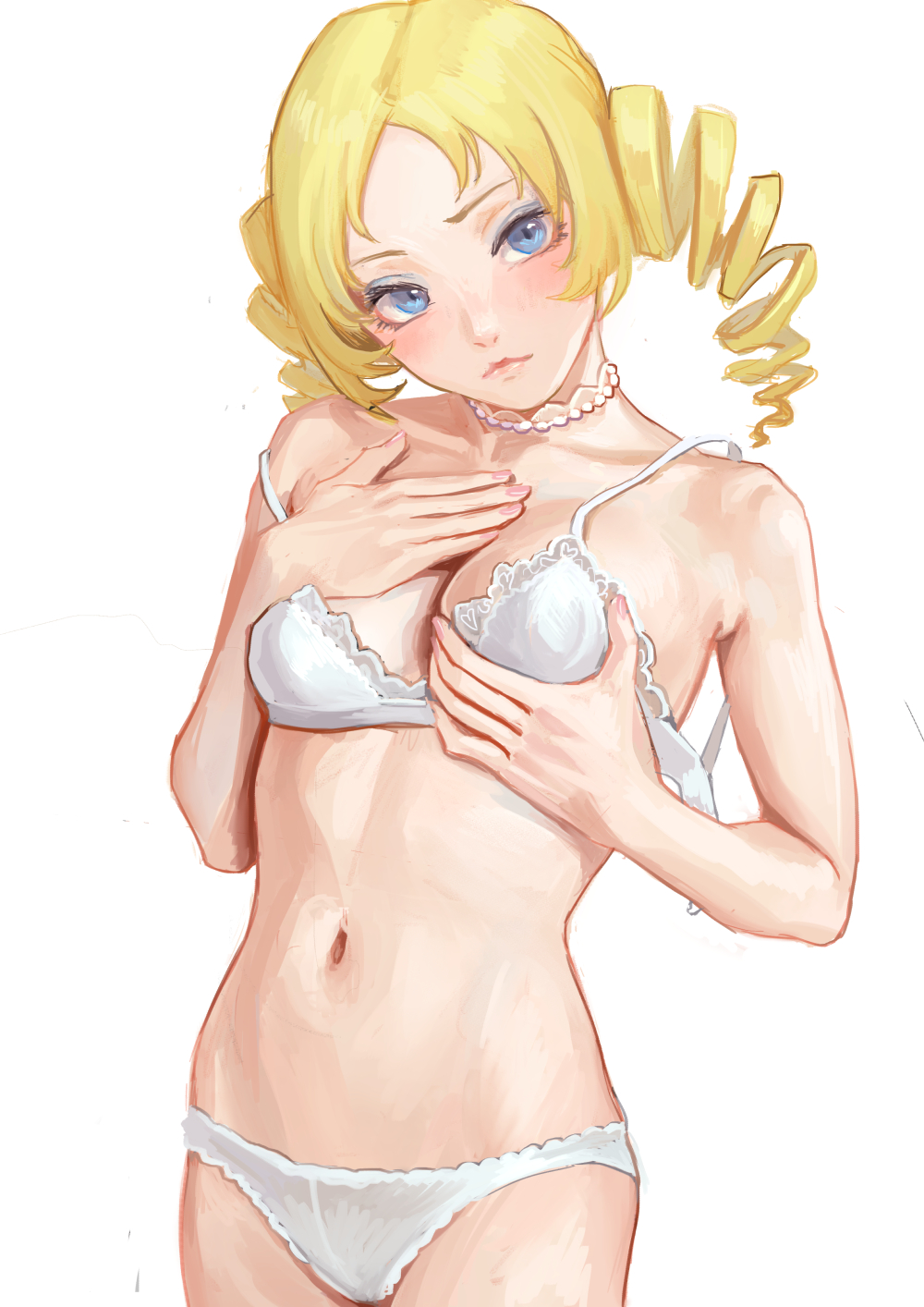 1girls blonde_hair blue_eyes bra bra_strap breasts bush catherine catherine_(game) curly_hair drawn drill_hair female female_only fkey hand_on_breast hand_on_chest holding_bra necklace panties simple_background solo tagme twin_drills yellow_hair