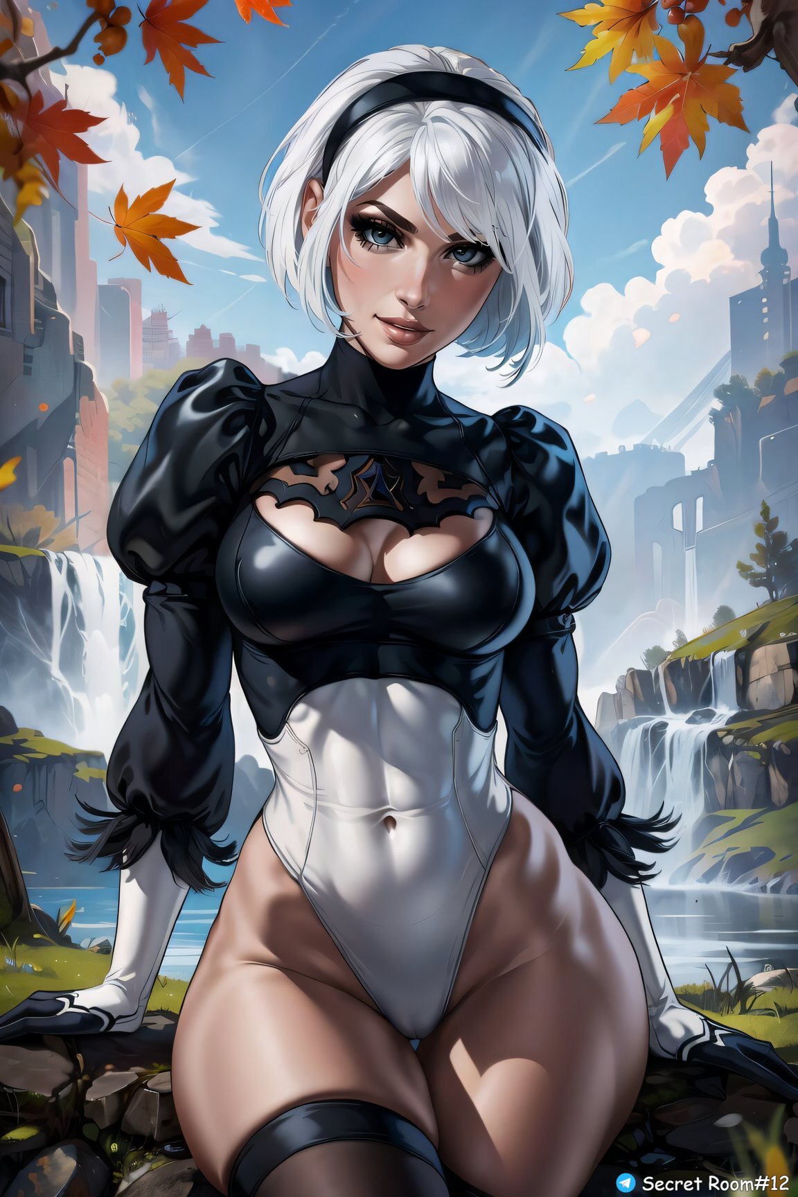 ai_generated big_hips blue_eyes breasts female female_only front_view gloves medium_breasts nier nier:_automata nier_(series) secret_room12 short_hair sitting stable_diffusion white_hair yorha_2b