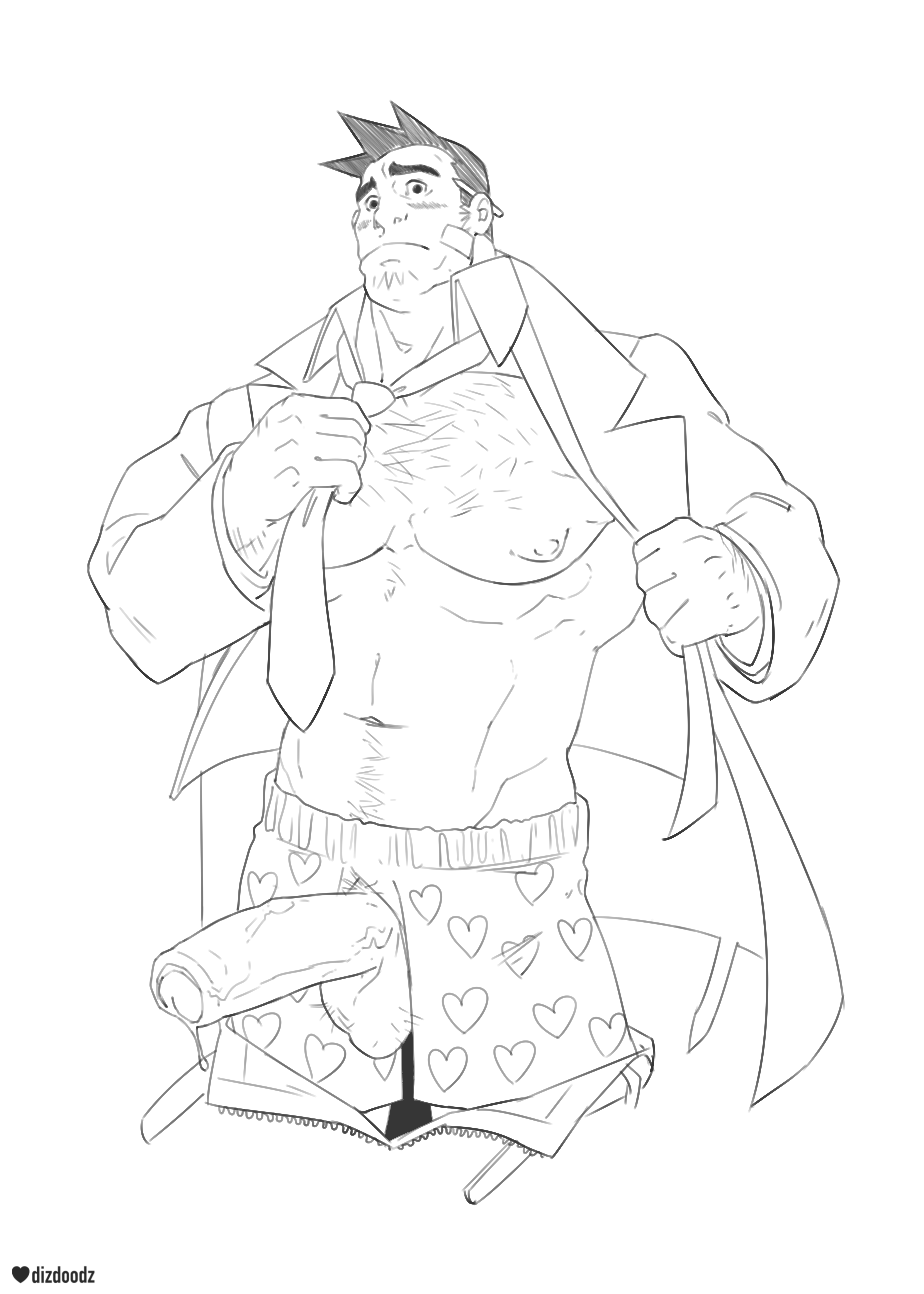 balls, bara, big balls, big penis, blush, boner, capcom, dick gumshoe, dizdoodz, erection, gyakuten saiban, male, male only, monochrome, muscles, muscular, pants down, penis, penis out, solo, solo male, underwear, yaoi