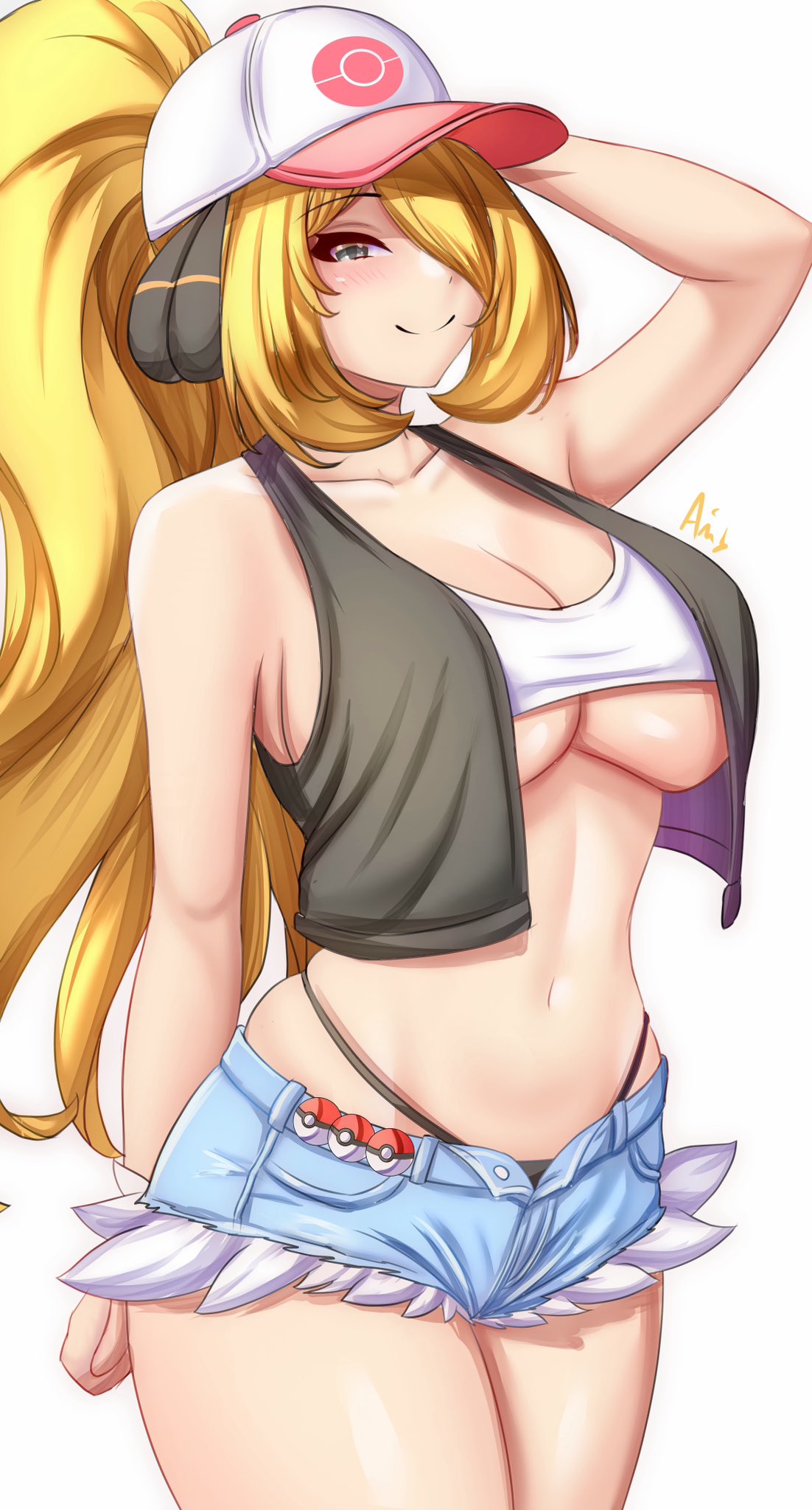 anisdrawn arm_up bandeau bare_arms bare_shoulders baseball_cap black_panties black_vest blonde_hair commentary cosplay cowboy_shot creatures_(company) crop_top cutoffs cynthia_(pokemon) denim denim_shorts female game_freak grey_eyes hat highleg highleg_panties highres hilda_(pokemon) hilda_(pokemon)_(cosplay) long_hair looking_at_viewer midriff navel nintendo panties panties_visible poke_ball pokemon pokemon_bw pokemon_dppt ponytail short_shorts shorts simple_background skindentation smile solo standing stomach thighs underwear very_long_hair vest white_background