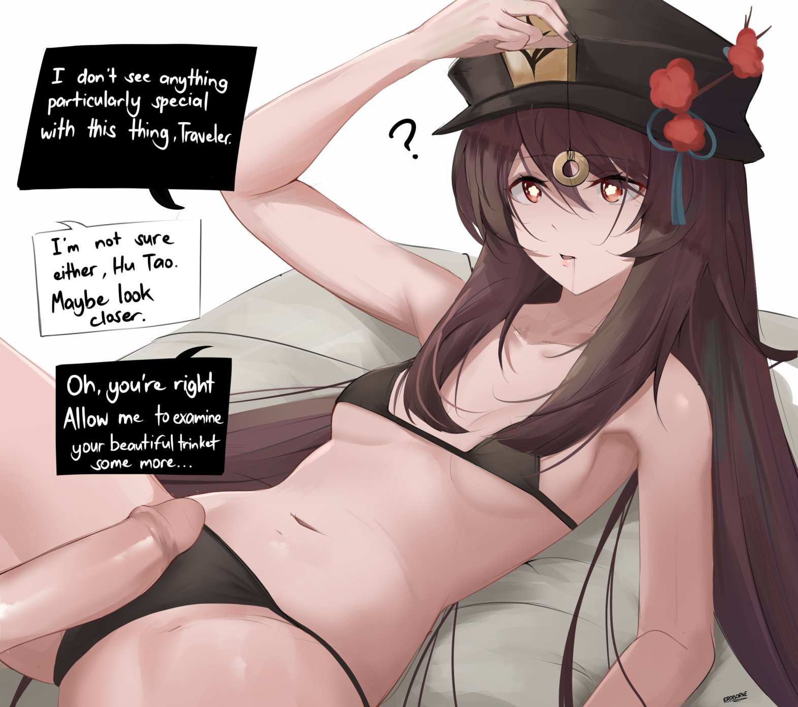 1girls, aether (genshin impact), altered common sense, ass, bikini, breasts, brown hair, clothed sex, common sense change, dialogue, emotionless, emotionless female, emotionless sex, english text, erect penis, eroborne, female, genshin impact, hat, hu tao (genshin impact), hypnosis, hypnotized sex, imminent penetration, implied rape, indifferent, male, mind control, molestation, parody, pendulum, penis, small breasts, speech bubble, text, translated, unamused, unaware, unaware hypnosis, uncensored, underboob