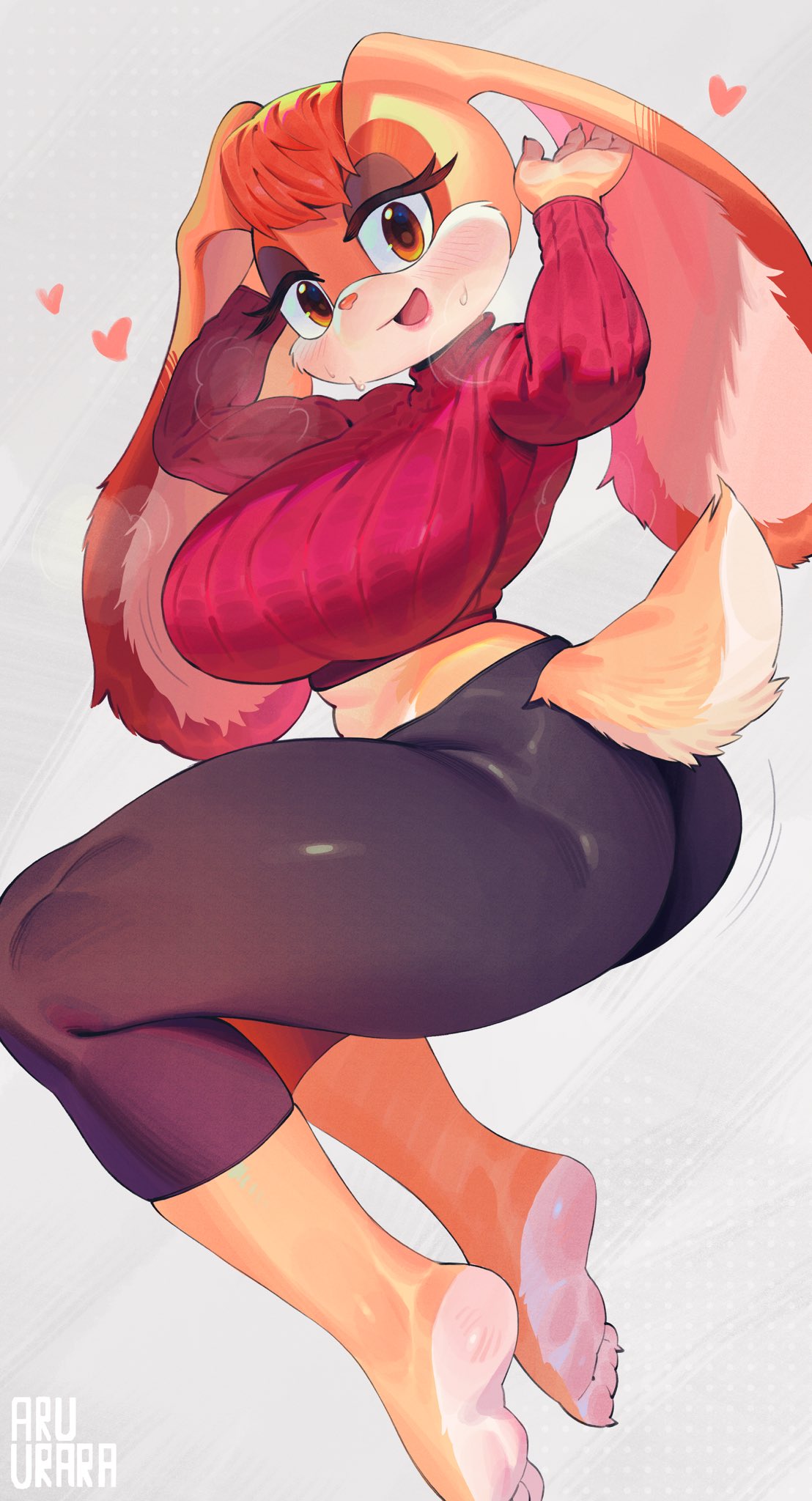 2023, 4 fingers, 4 toes, abstract background, anthro, armpits, aruurara, ass, barefoot, big breasts, black bottomwear, black clothing, black pants, blush, blush lines, bodily fluids, bottomwear, breasts, breath, brown body, brown eyes, brown fur, clothing, exercise, feet, female, fingers, floppy ears, fur, furgonomics, heart, hi res, kemono, lagomorph, leporid, looking at viewer, looking back, looking back at viewer, mammal, multicolored body, multicolored fur, pants, rabbit, red clothing, red sweater, red topwear, scut tail, sega, short tail, smile, soles, solo, sonic (series), sonic the hedgehog (series), sweat, sweater, tail, thick thighs, toes, topwear, turtleneck, vanilla the rabbit, white body, white fur