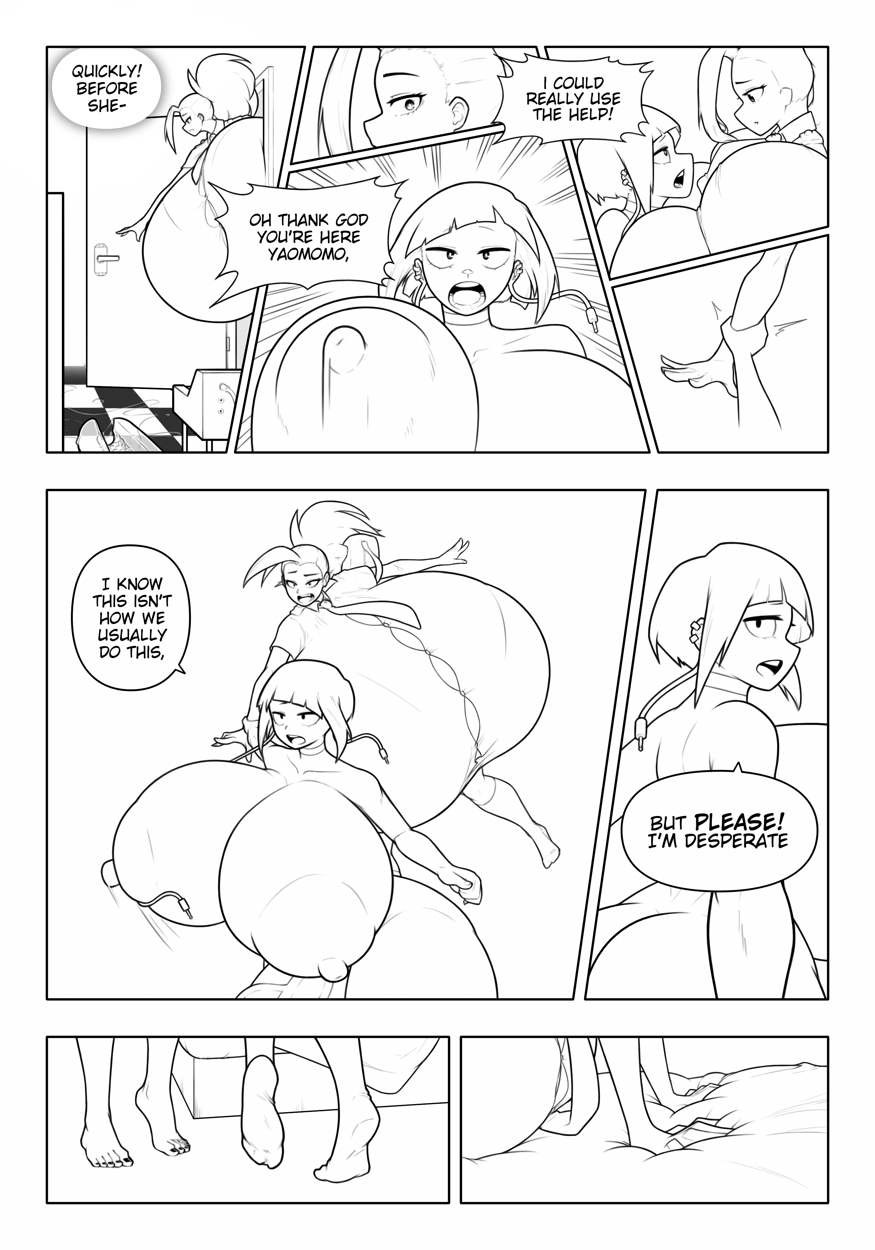 1futa, 1girls, bananarama (artist), bare breasts, big breasts, breasts, breasts bigger than body, breasts bigger than head, breasts bigger than torso, comic, comic page, disguise, enormous breasts, female, futanari, giant breasts, gigantic breasts, himiko toga, huge breasts, hyper, hyper breasts, hyper penis, imminent sex, intersex, kyoka jiro, large breasts, massive breasts, momo yaoyorozu, monochrome, my hero academia, penis, shounen jump, tagme, text