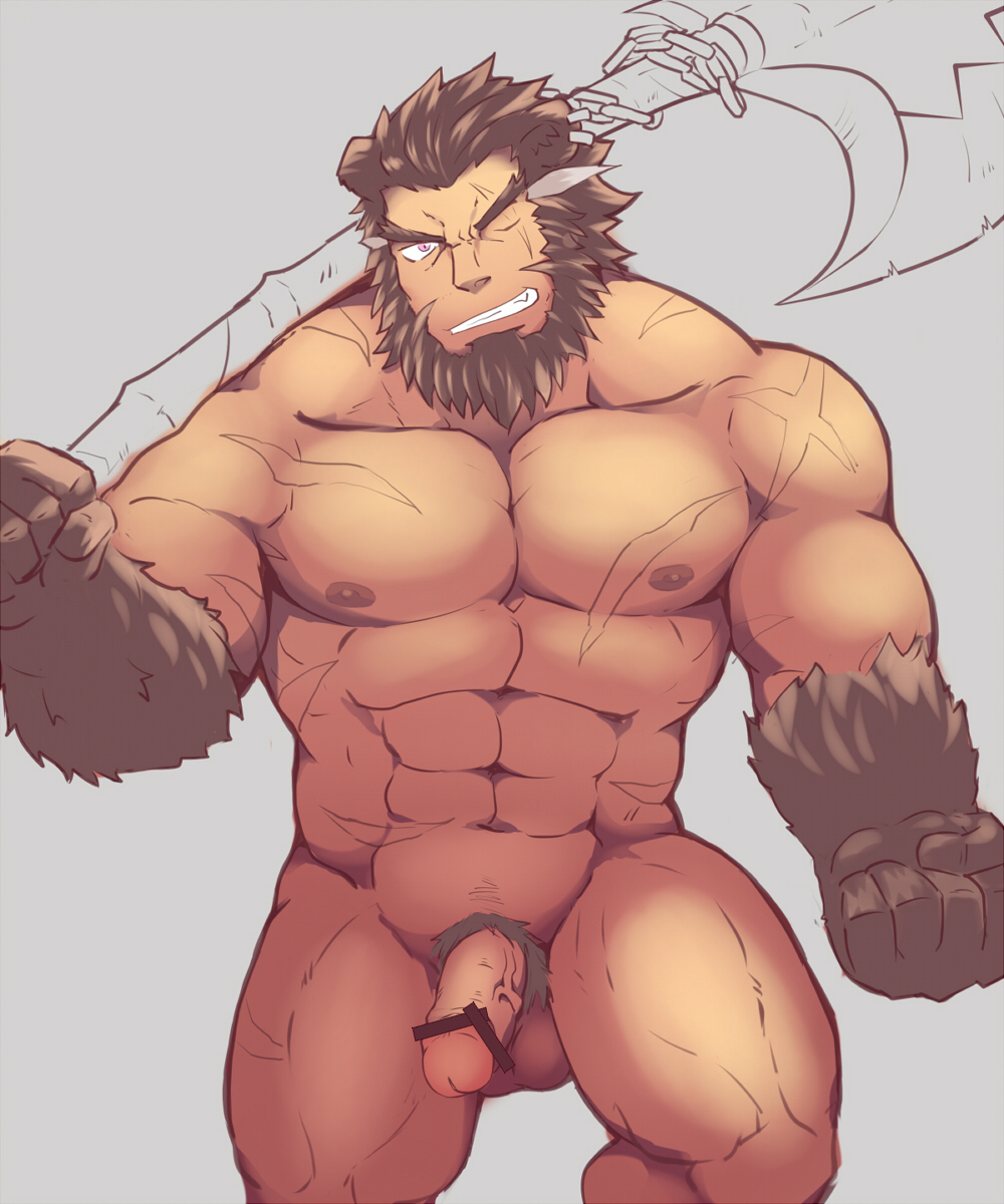 1boy abs axe bar_censor bara beard body_fur brown_hair censored character_request check_copyright completely_nude copyright_request erection facial_hair feet_out_of_frame highres holding holding_axe kagemaru_(bara) large_pectorals looking_at_viewer male_focus male_only mature_male muscular muscular_male navel nipples nude one_eye_closed over_shoulder pectorals sangokushi_puzzle_taisen scar scar_on_cheek scar_on_face short_hair solo stomach thick_thighs thighs unfinished weapon weapon_over_shoulder